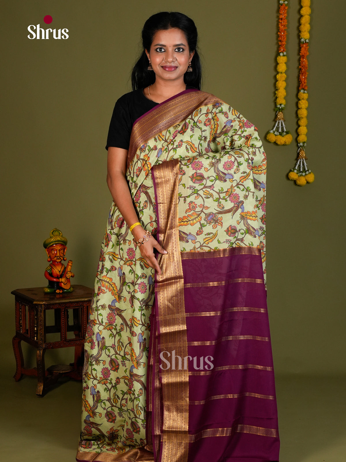 Buy Exquisite Pista Green Mysore Silk Saree with Kalamkari Inspired Floral Prints & Purple Pallu