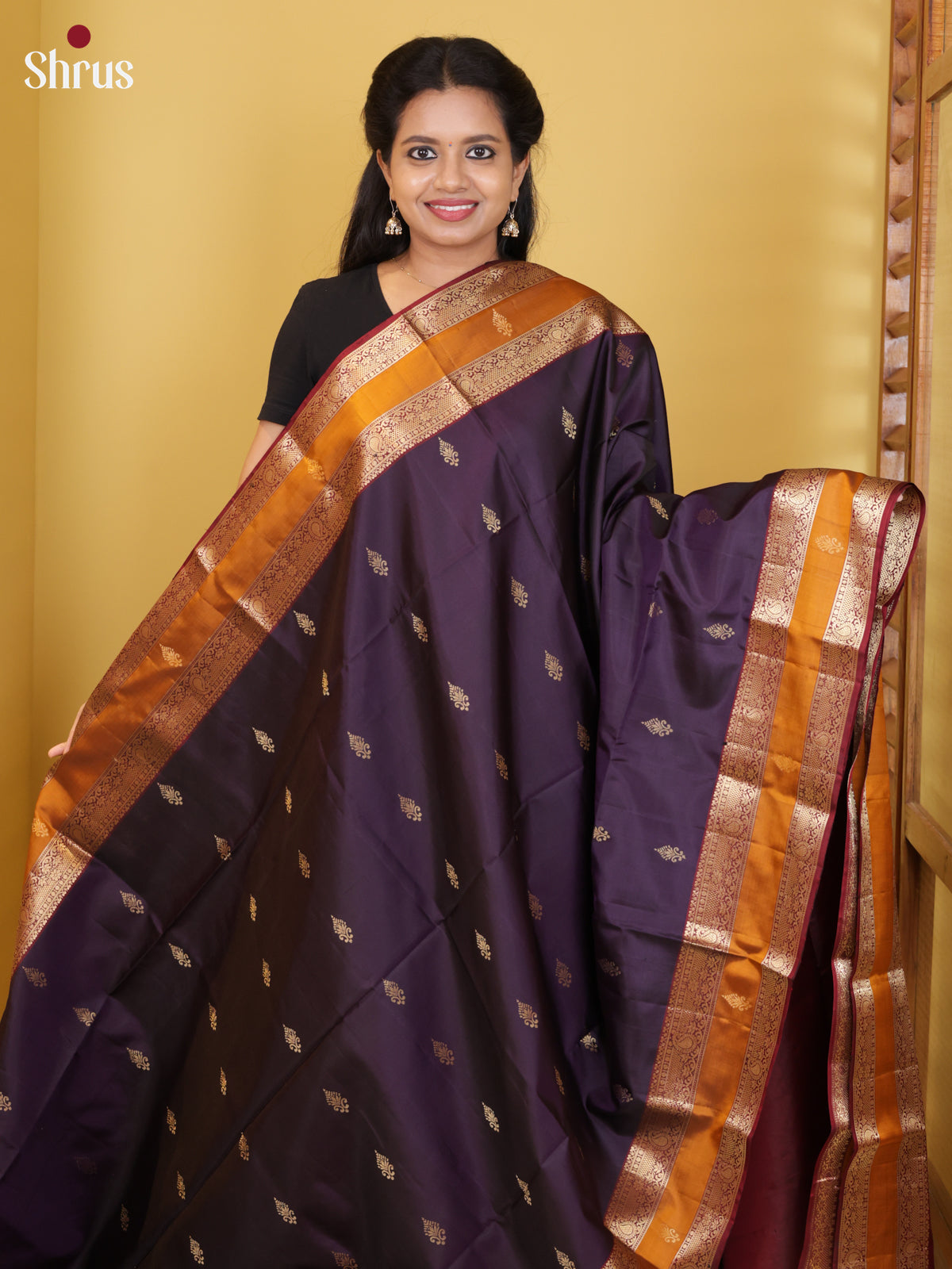 Buy Majestic Plum Purple Pure Soft Silk Saree With Foral Buttas, Mustard Border & Maroon Pallu