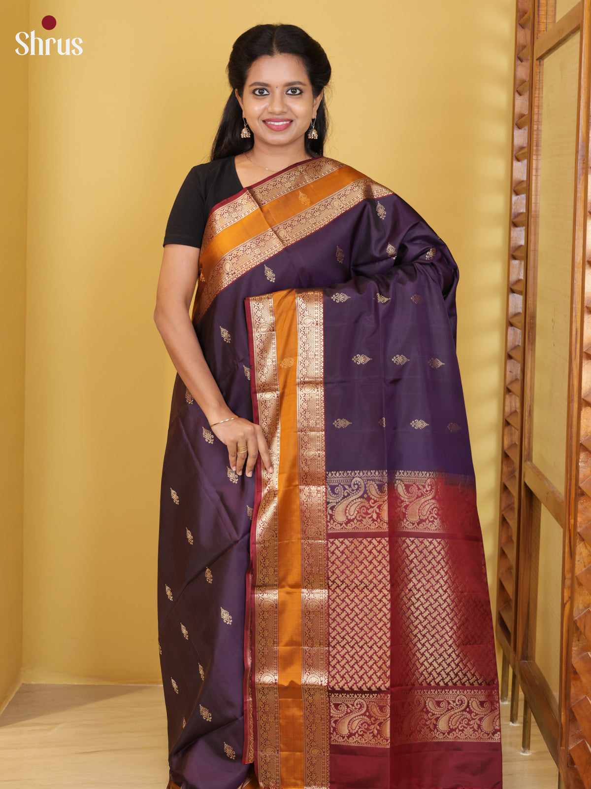Buy Majestic Plum Purple Soft Silk Saree With Foral Buttas, Mustard Border & Maroon Pallu