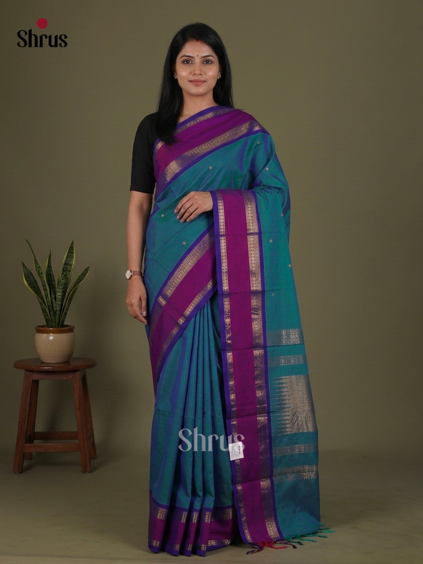 Pretty Blue Chettinad Cotton Saree With Gold Buttas & Indigo Rettapet ZAri Border With Magenta Band