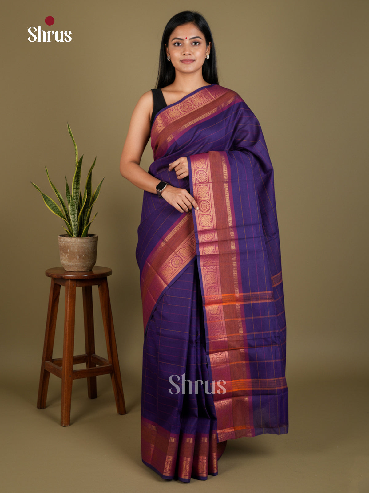 Pretty Blue Chettinad Cotton Saree With Thread Woven Stripes & Brown Rettaipet Zari Border