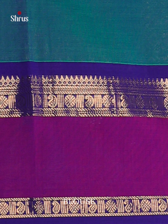 Pretty Blue Chettinad Cotton Saree With Gold Buttas & Indigo Rettapet ZAri Border With Magenta Band