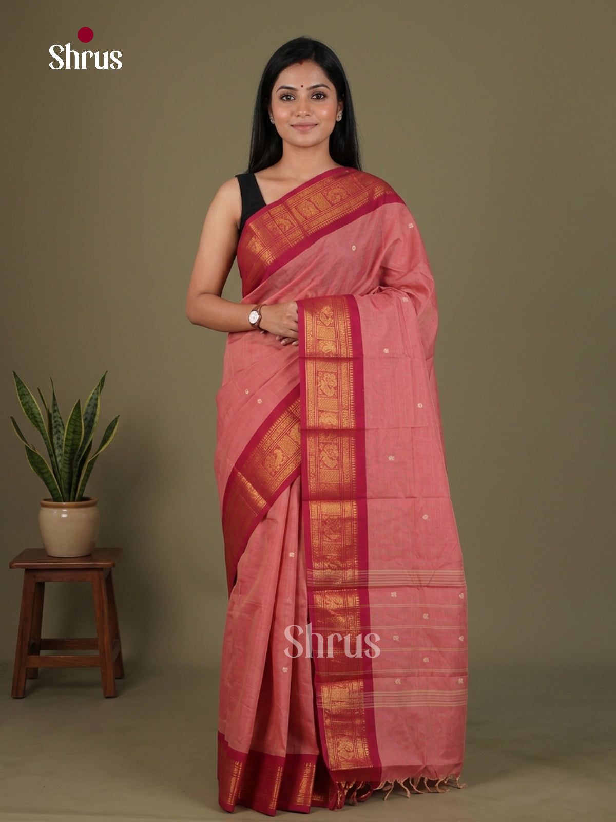 Pretty Coral Chettinad Cotton Saree With Small Buttas & Rani Pink Zari Border & Chit Pallu