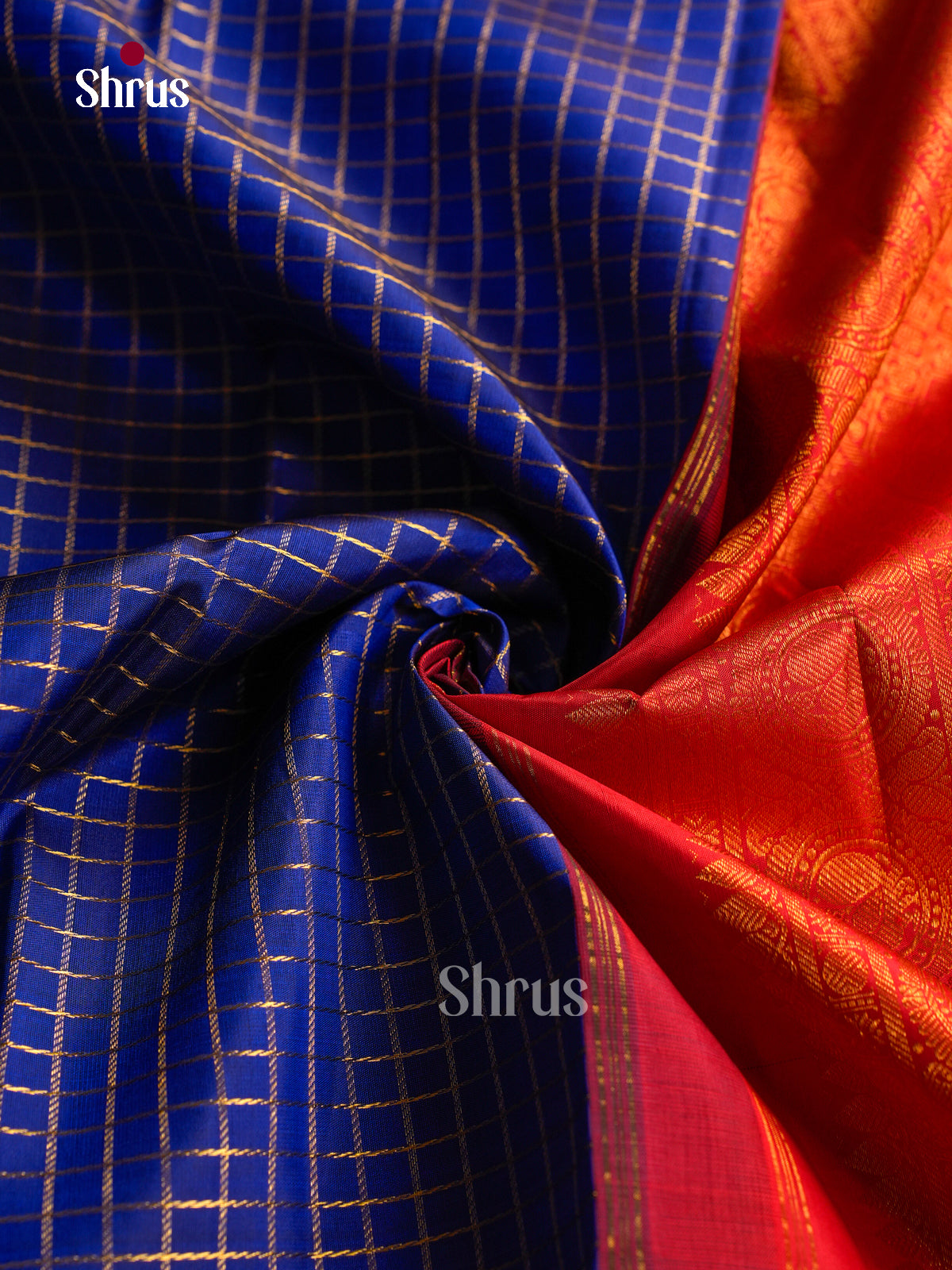 Pretty Dark Blue Pattu Saree With Intricate Checks | Red Broad Border With Zari Bands