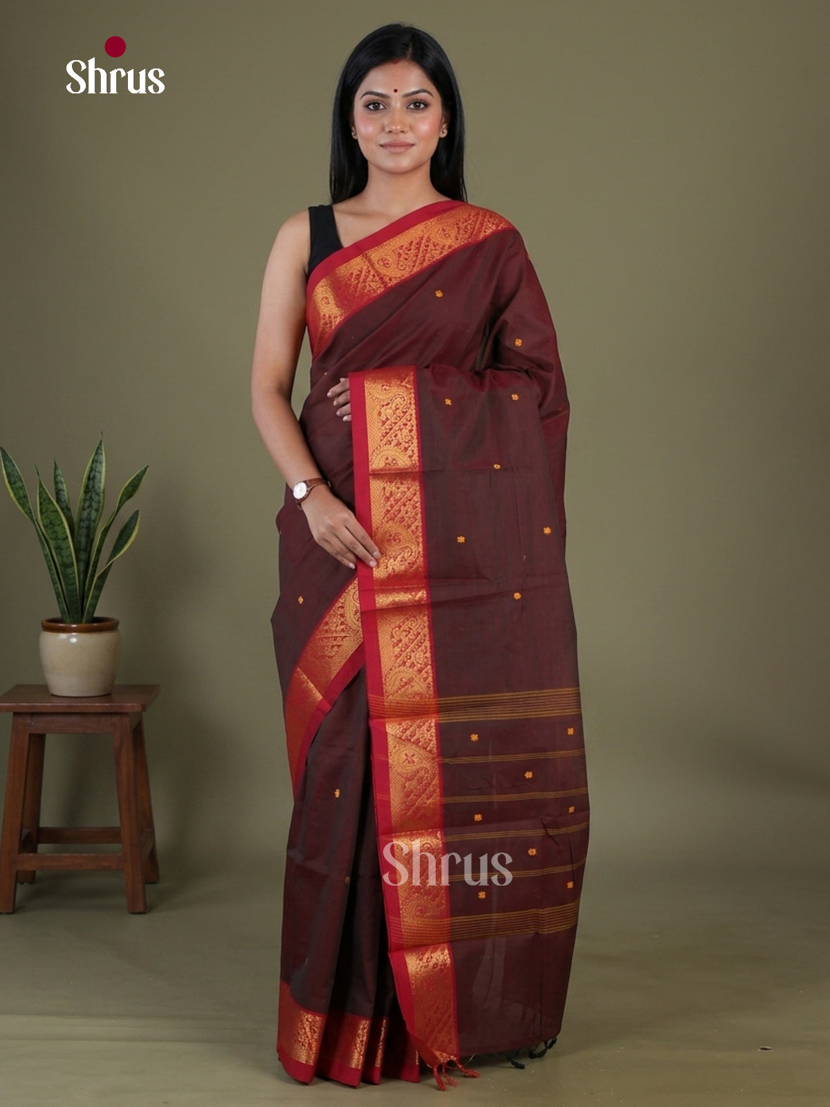 Pretty Dark Maroon Chettinad Cotton Saree With Small Buttas & Red Zari Border With Paisley Motifs