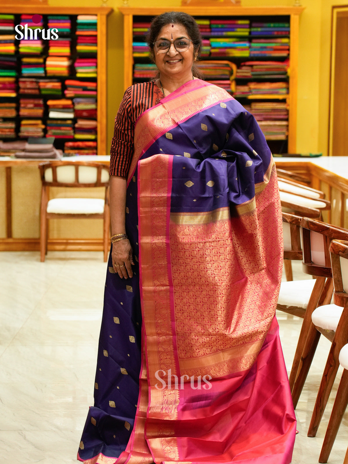 Pretty Indigo Kanchipuram silk Saree With Zari Buttas | Pink Temple Zari Border & Brocade Pallu