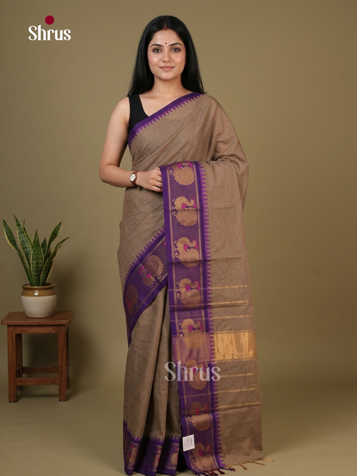 Pretty Light Brown Chettinad Cotton Saree With Plain Body,Violet Temple Zari Border & Chit Pallu