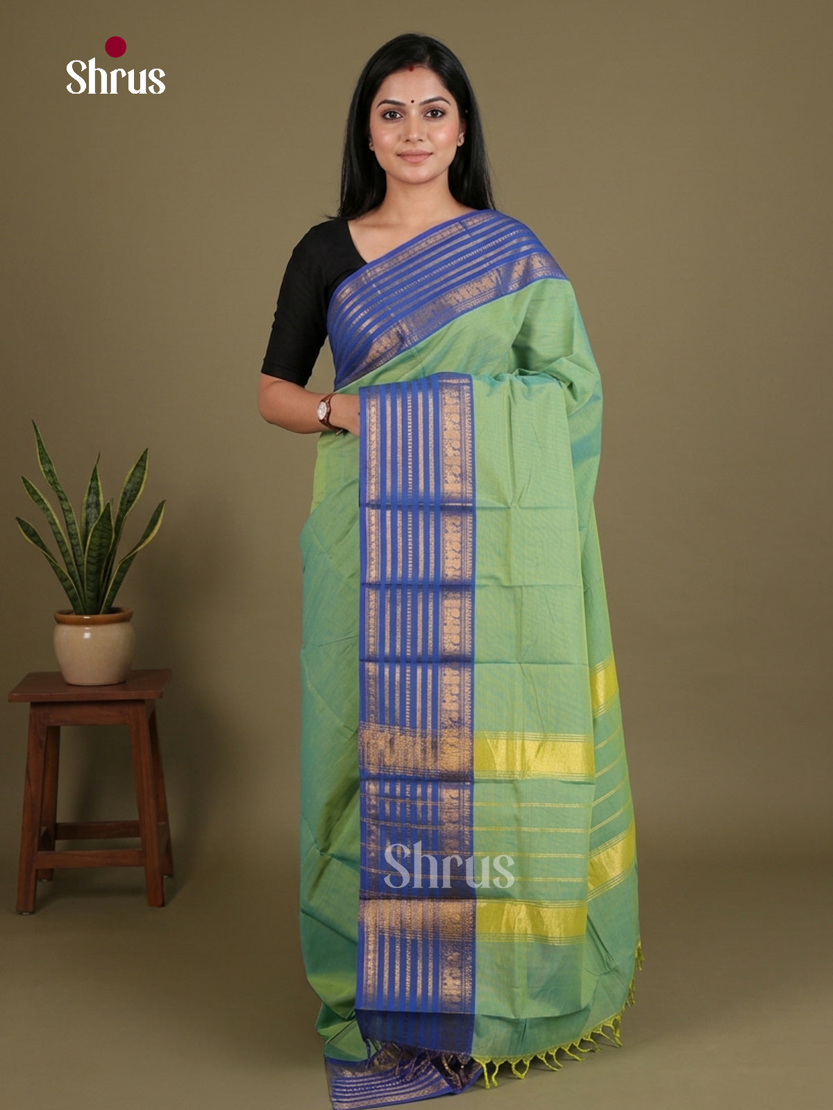 Pretty Light Green Chettinad Cotton Saree With Plain Body & Blue Zari Striped Border