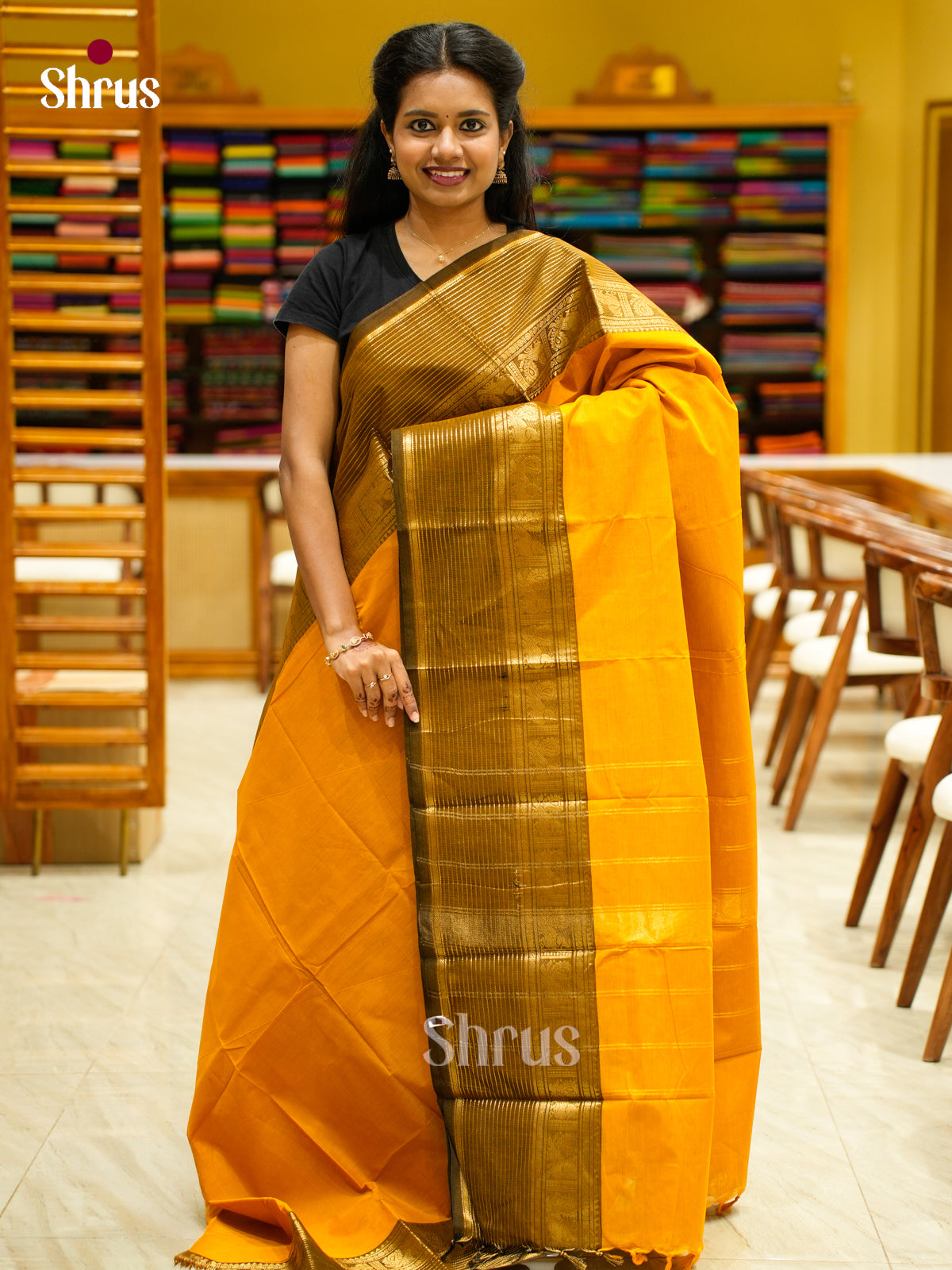 Pretty Mambazha Yellow Chettinad Cotton Saree With Brown Zari Striped Border & Pallu