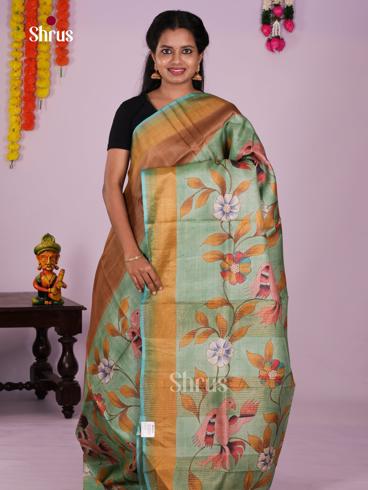 Pretty Mint Green Tussar Silk Saree With Hand Painted Blooming Florals & Charming Birds
