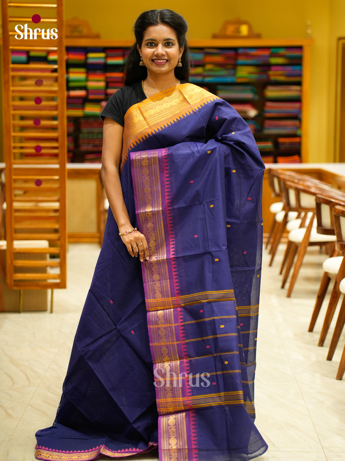 Pretty Navy Blue Chettinad Cotton Saree With Thread Buttas & Ganga Jamuna Temple Zari Border