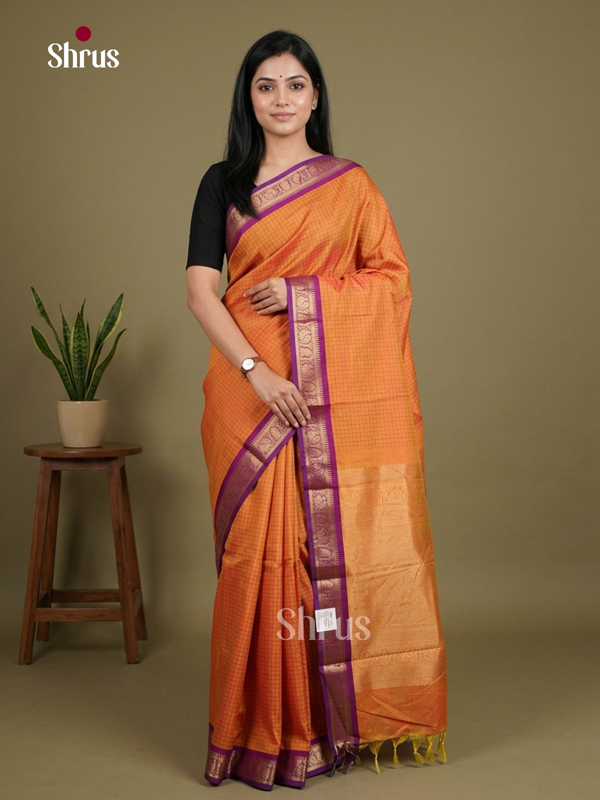 Pretty Orange Chettinad Cotton Saree With Checks, Purple Zari Border & Brocade Pallu