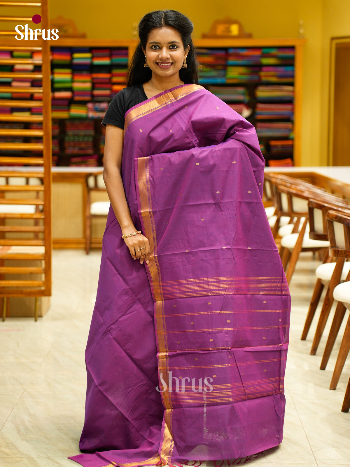 Pretty Purple Chettinad Cotton Saree With Small Buttas & Thin Zari Border & Pallu
