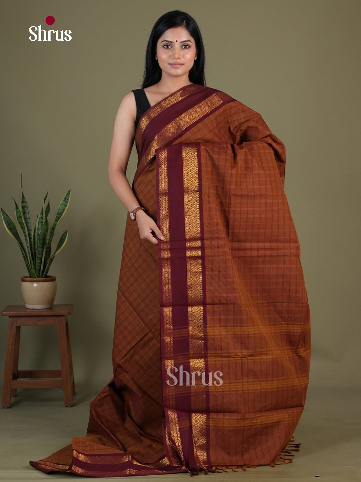 Pretty Rust Brown Chettinad Cotton Saree With Subtle Checks & Maroon Rettapet Zari Border