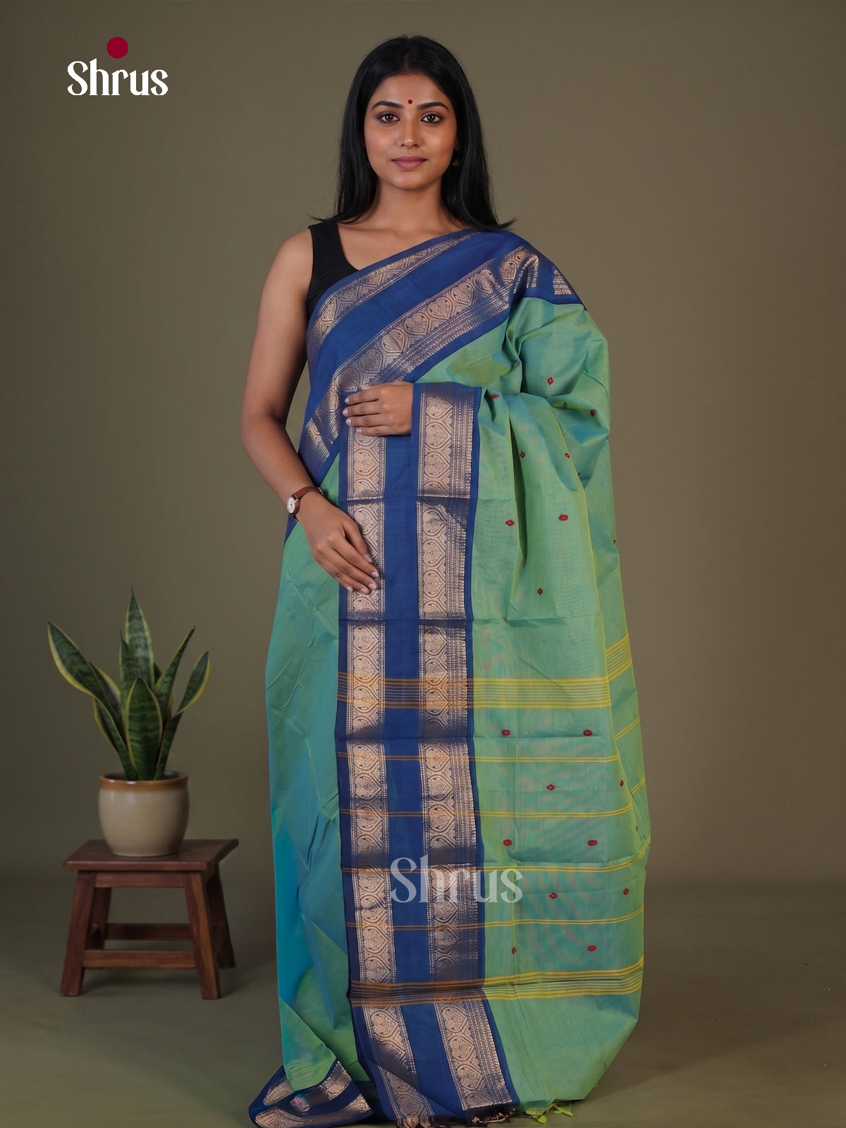 Pretty Sea Green Chettinad Cotton Saree With Thread Buttas, Royal Blue Rettapet Zari Border