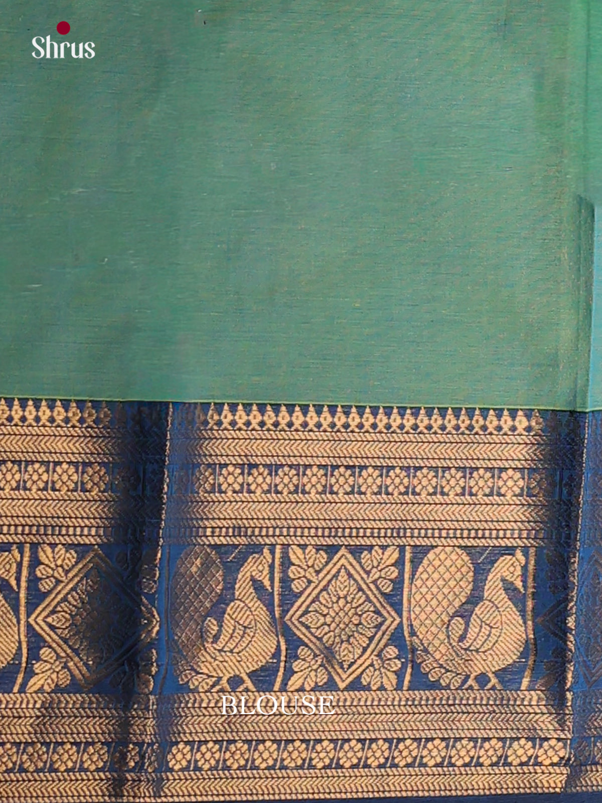 Pretty Sea Green Chettinad Cotton Sarees With Golden Stripes & Blue Zari Border