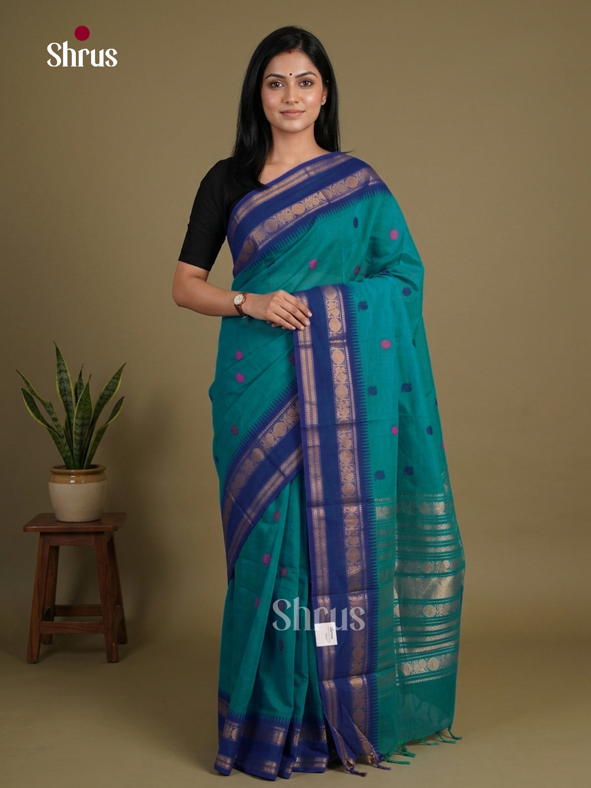 Teal green Chettinad Cotton Saree With Thread Buttas & Royal Blue Rettapet Temple Zari Border