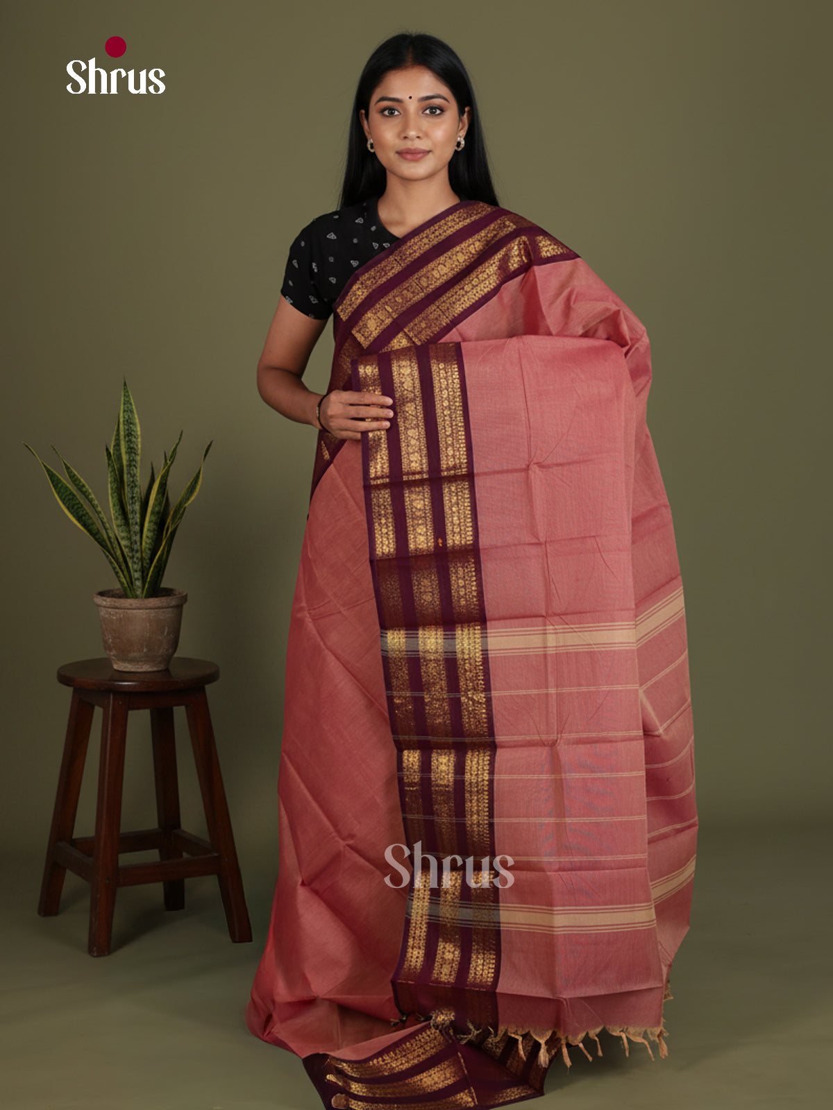 Pretty Soft Rose Chettinad Cotton Saree With Maroon Border With Zari Bands & Striped Pallu