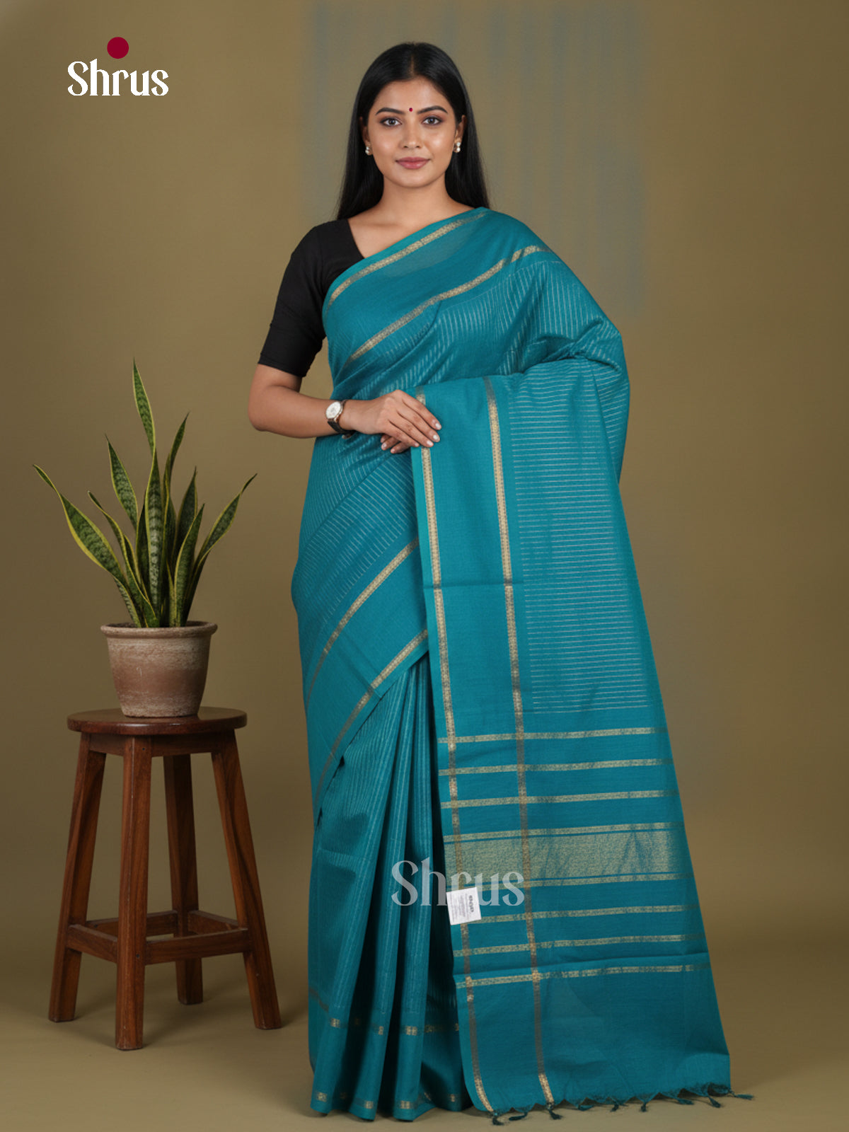 Pretty Teal Blue Chettinad Cotton Saree With Gold Stripes, Rettapet Zari Border & Traditional Pallu
