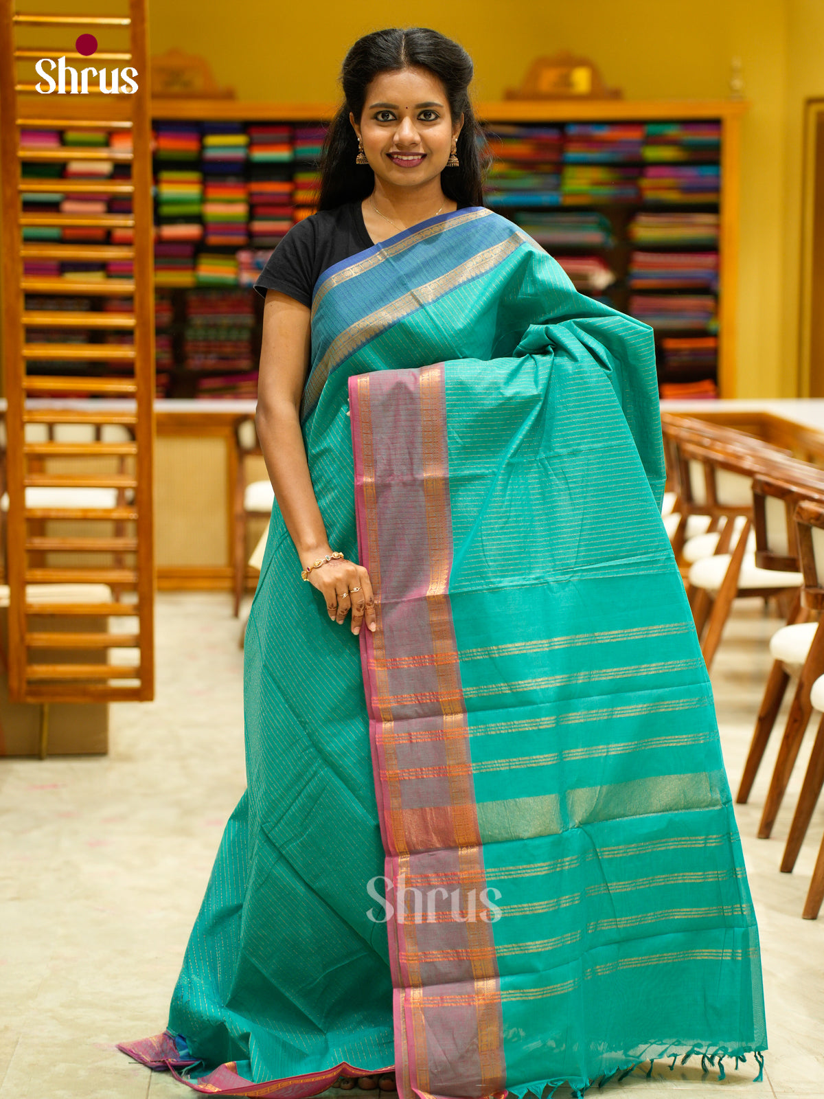Pretty Teal Green Chettinad Cotton Saree With Zari Stripes & Ganga Jamuna Rettapet Border