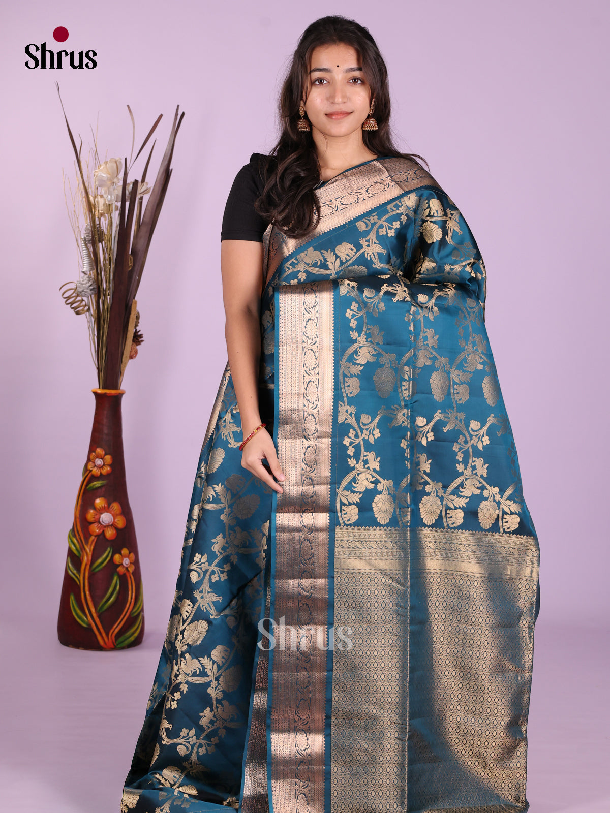Opulent Prussian Blue Soft Silk Saree With Zari Floral Creepers & Brocade Pallu