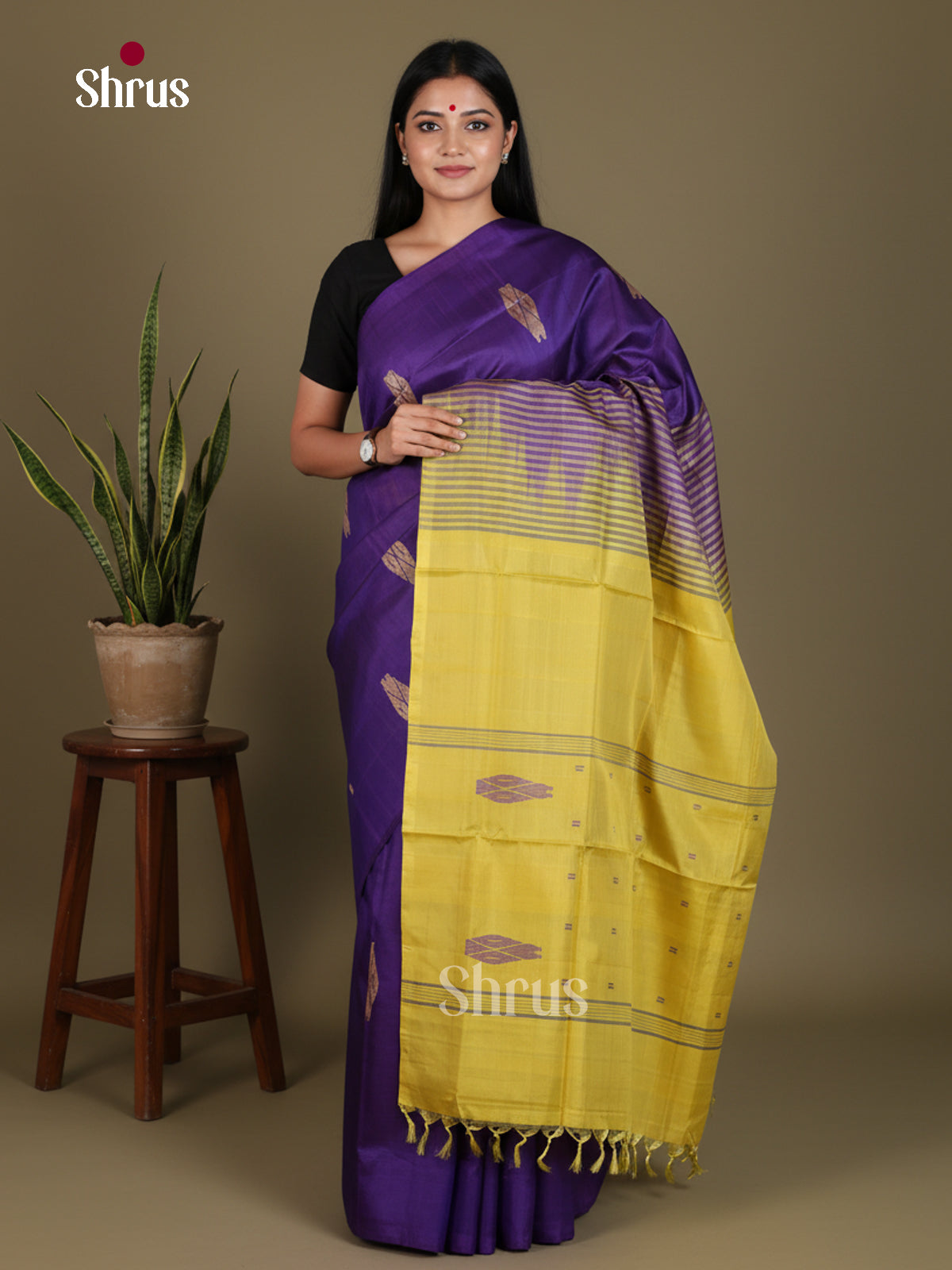 Buy Spellbinding Purple Banana Pith Saree With Golden Motifs & Yellow Traditional Pallu