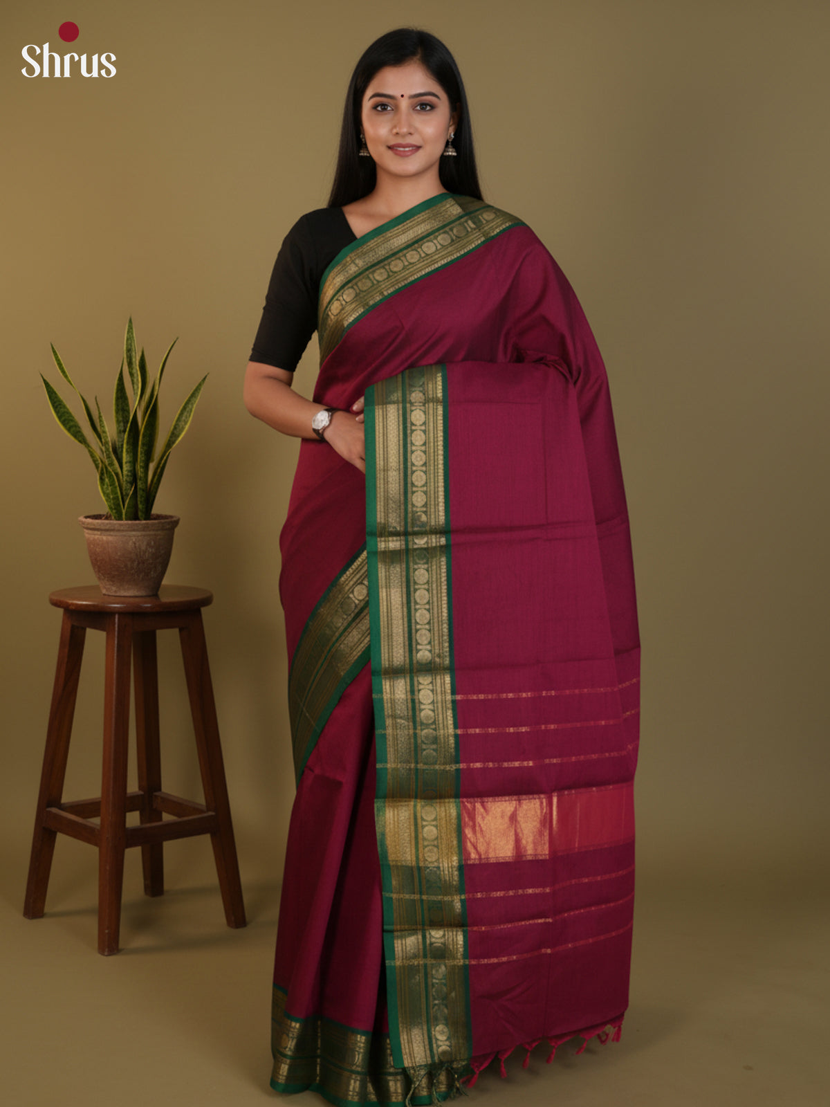 Enchanting Purple Chettinad Cotton Saree With Plain Body & Green Zari Woven Border