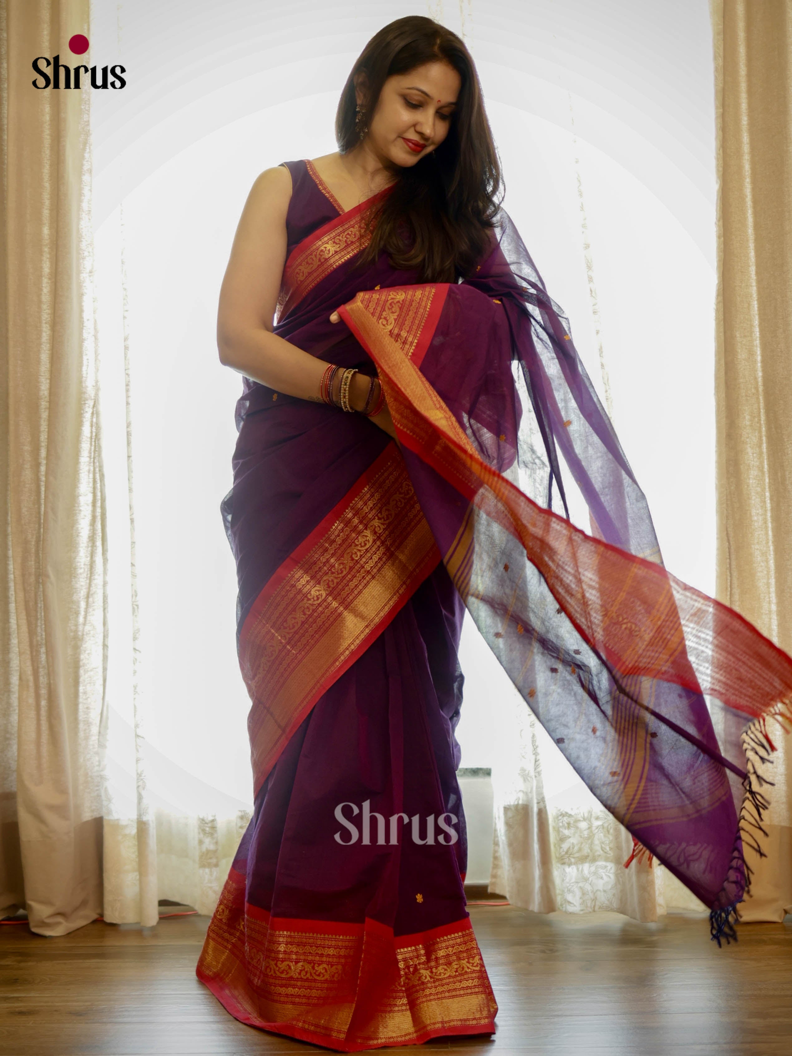 Beautiful Purple Chettinad Cotton Sarees With Thread Woven Buttas & Red Zari Border