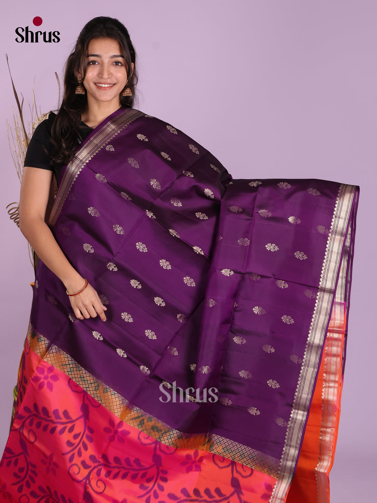 Buy Striking Purple Half & Half Pure Soft Silk Saree With Zari Buttas & Orangish Pink Brocade Pallu