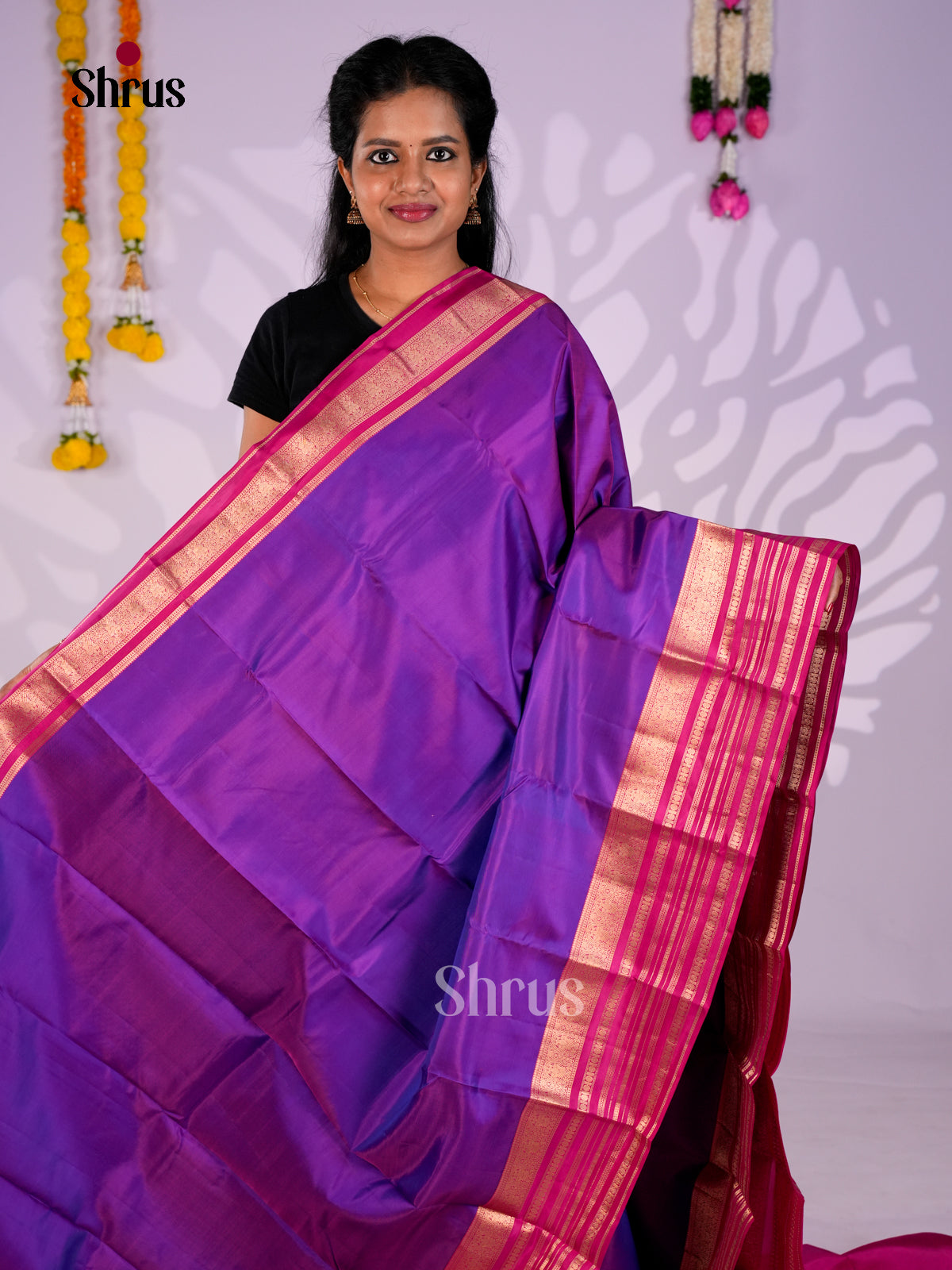 Buy Vivid Purple Kanchipuram Saree With Pink Zari Striped Border & Brocade Pallu
