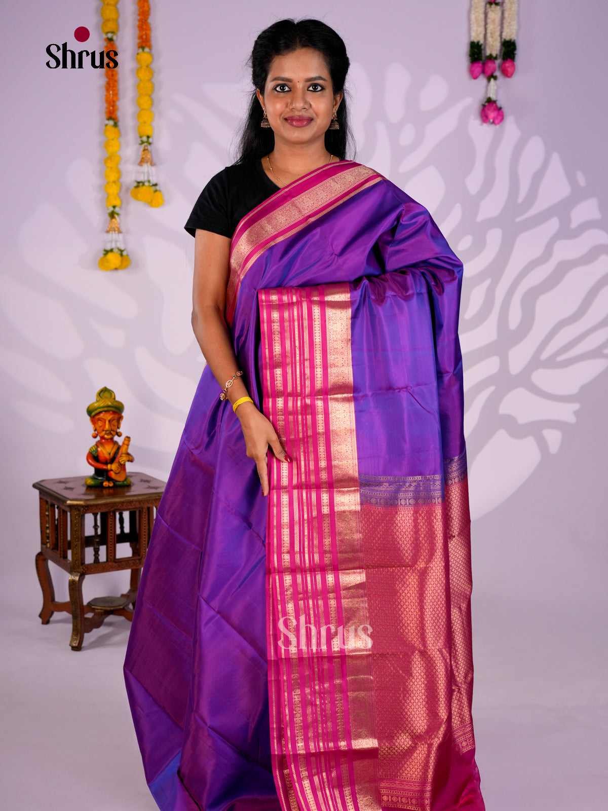 Buy Vivid Purple Kanchipuram Silk Saree With Pink Zari Striped Border & Brocade Pallu