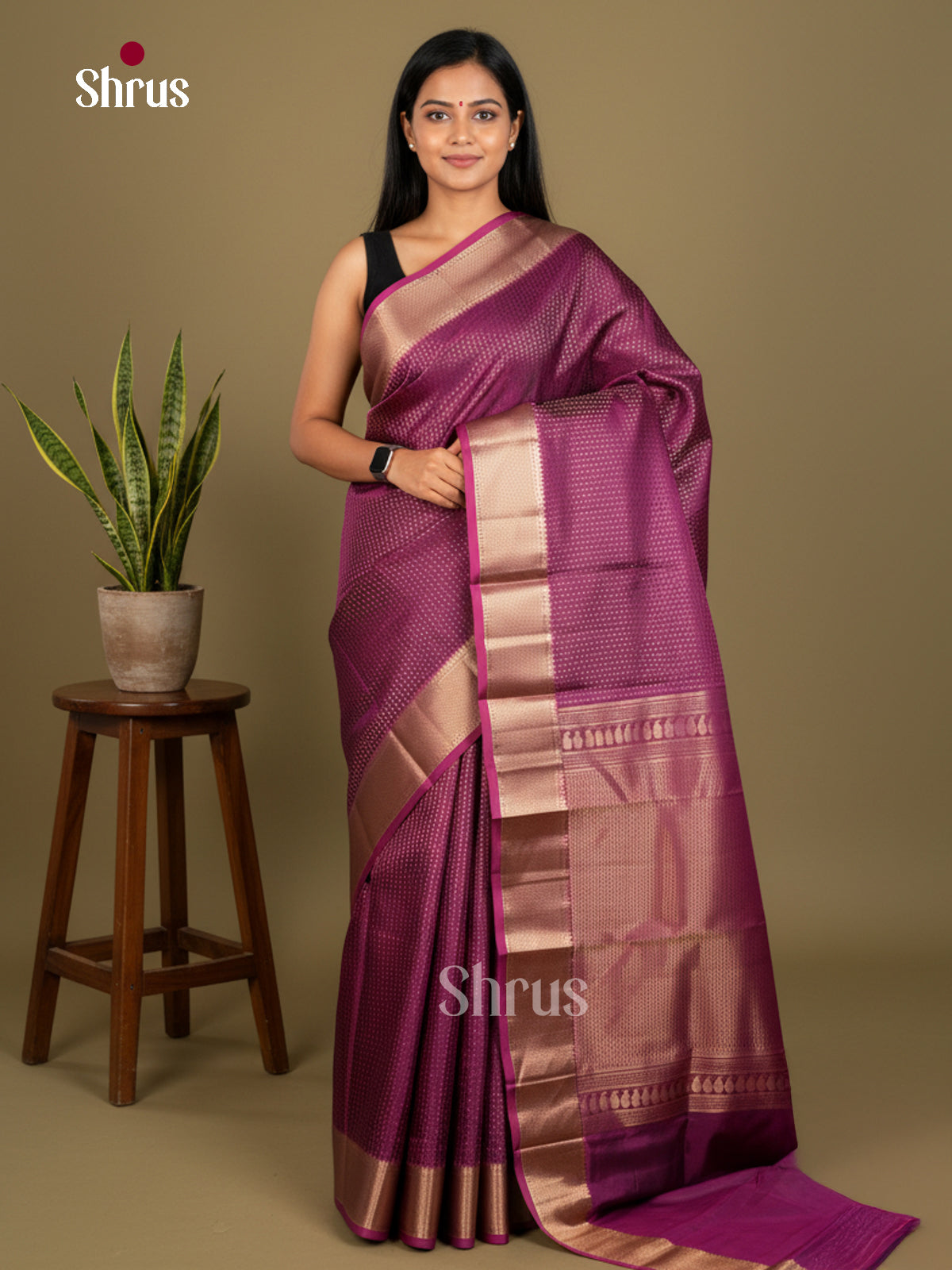 Buy Lustrous Purple Kanchipuram Silk Saree with Intricate Gold Buttas, Kaddi Zari Border & Brocade Pallu