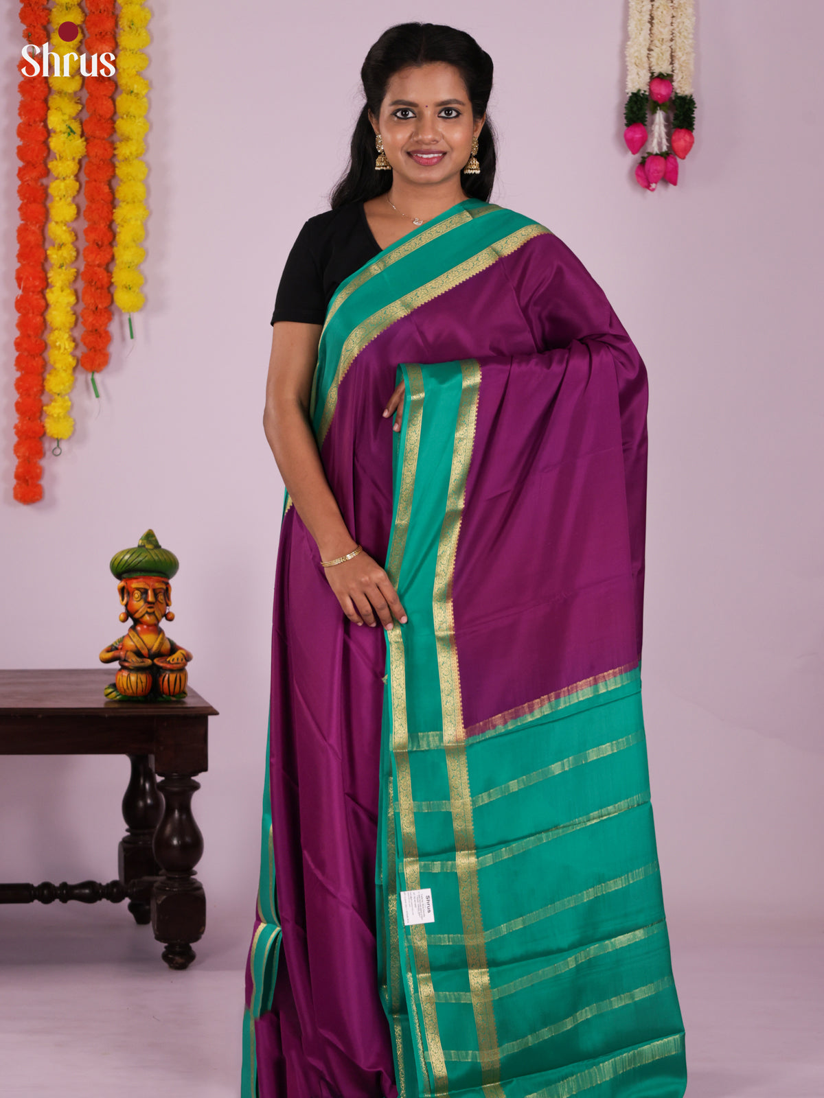 Buy Elegant Purple Mysore Silk Saree With Sea Green Rettaipet Zari Woven Border & Chit Pallu