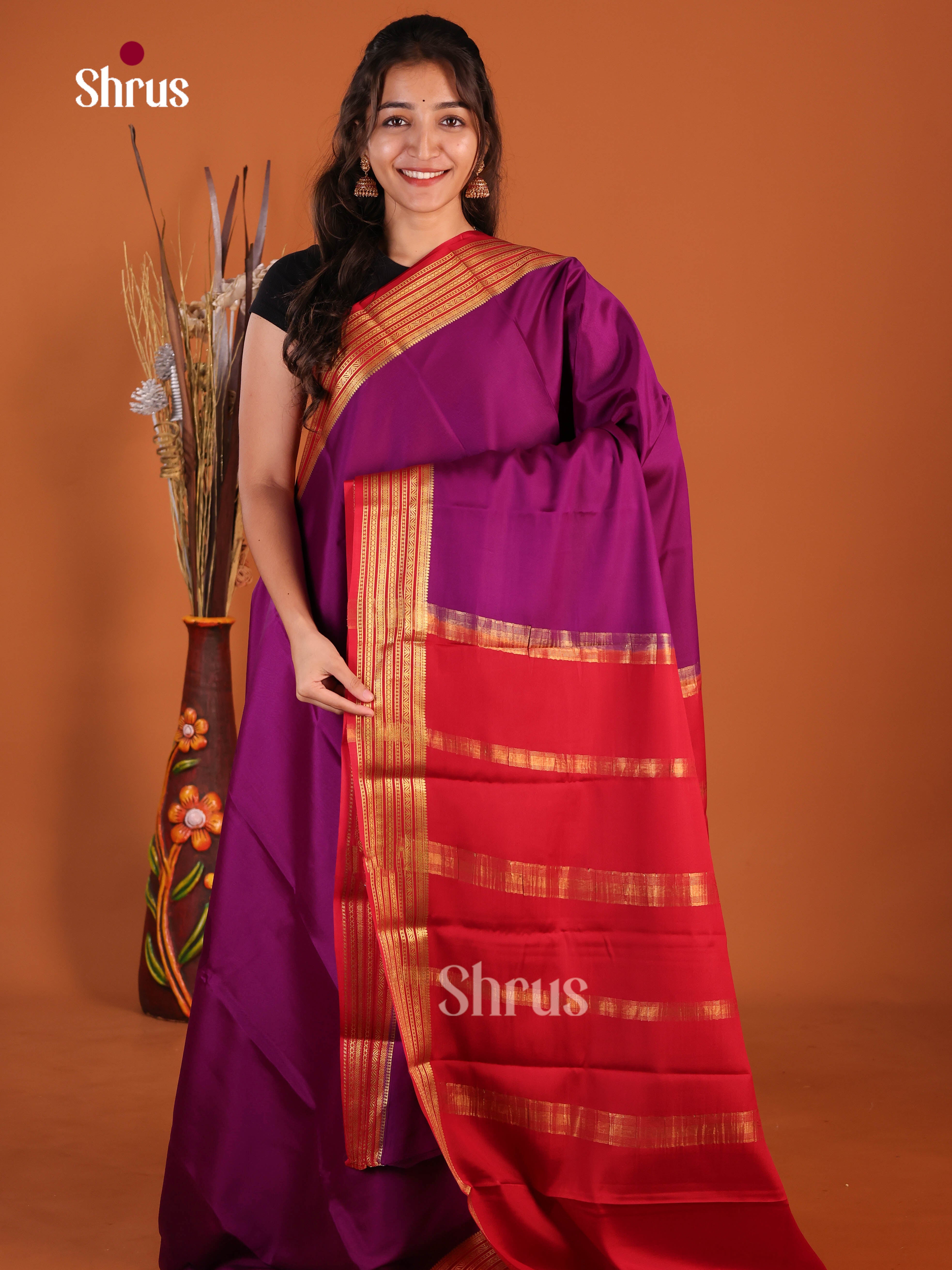 Buy Charming Purple Mysore Silk Saree with Plain Body, Red Zari Striped Pallu & Chit Pallu