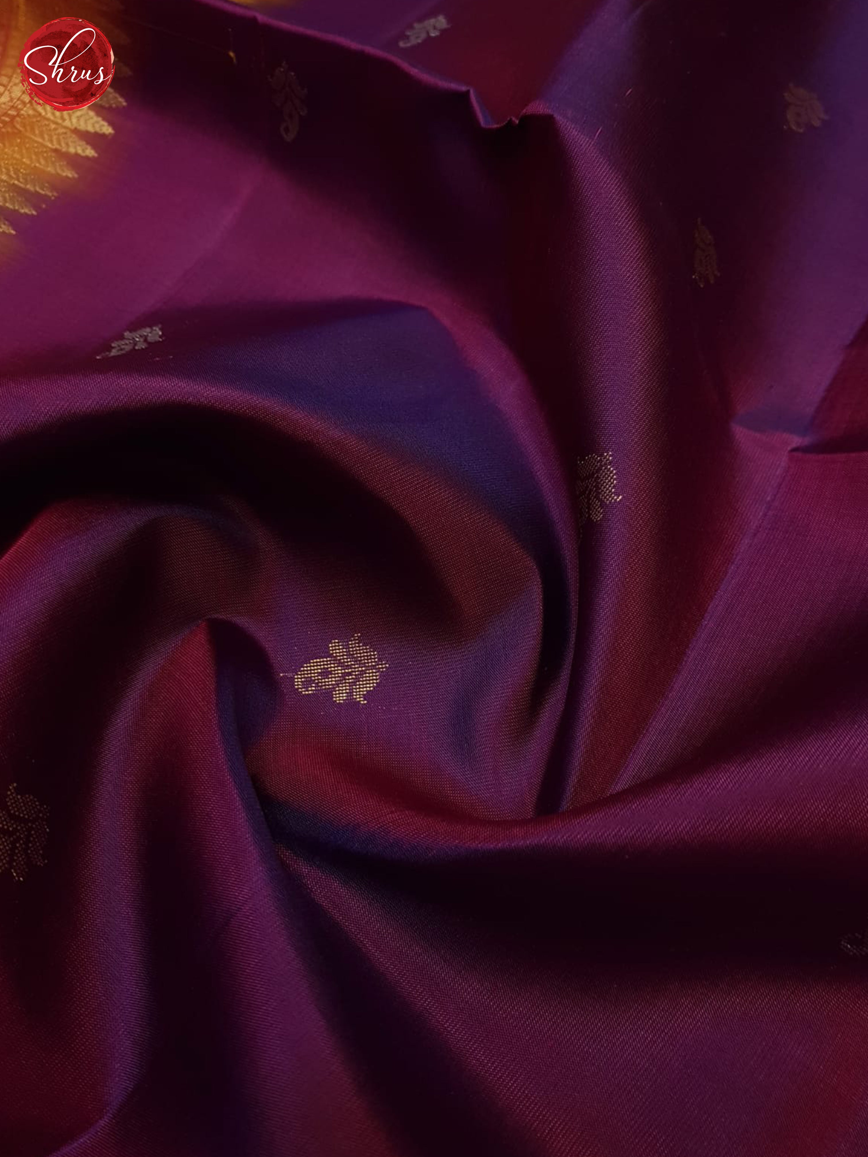 Stunning Purple Pure Silk Saree With Small Buttas, Mustard Broad Zari Border & Brocade Pallu