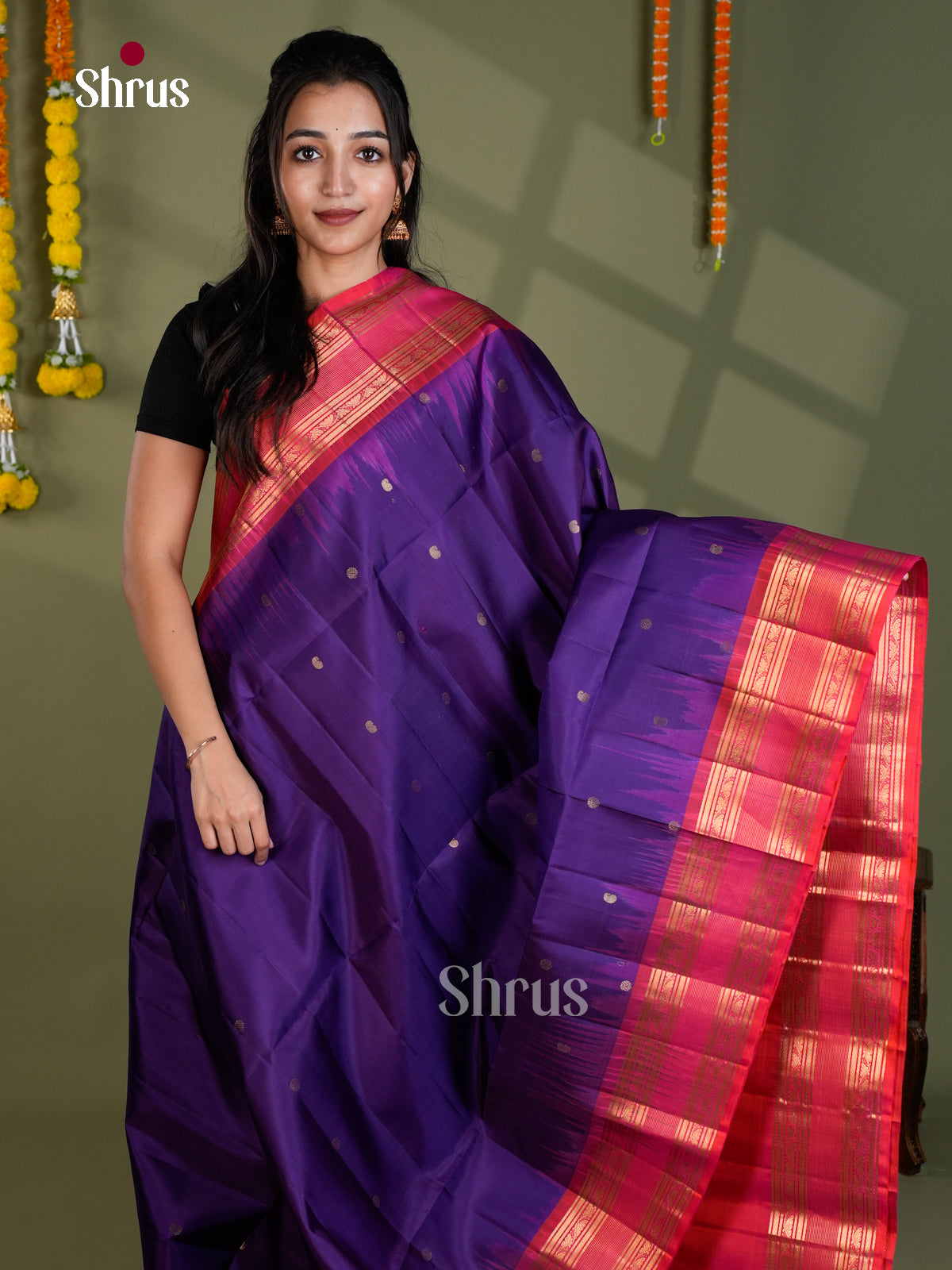 Buy Royal Purple Pure Soft Silk Saree With Golden Circle Buttas & Pink Rettaipet Zari Border