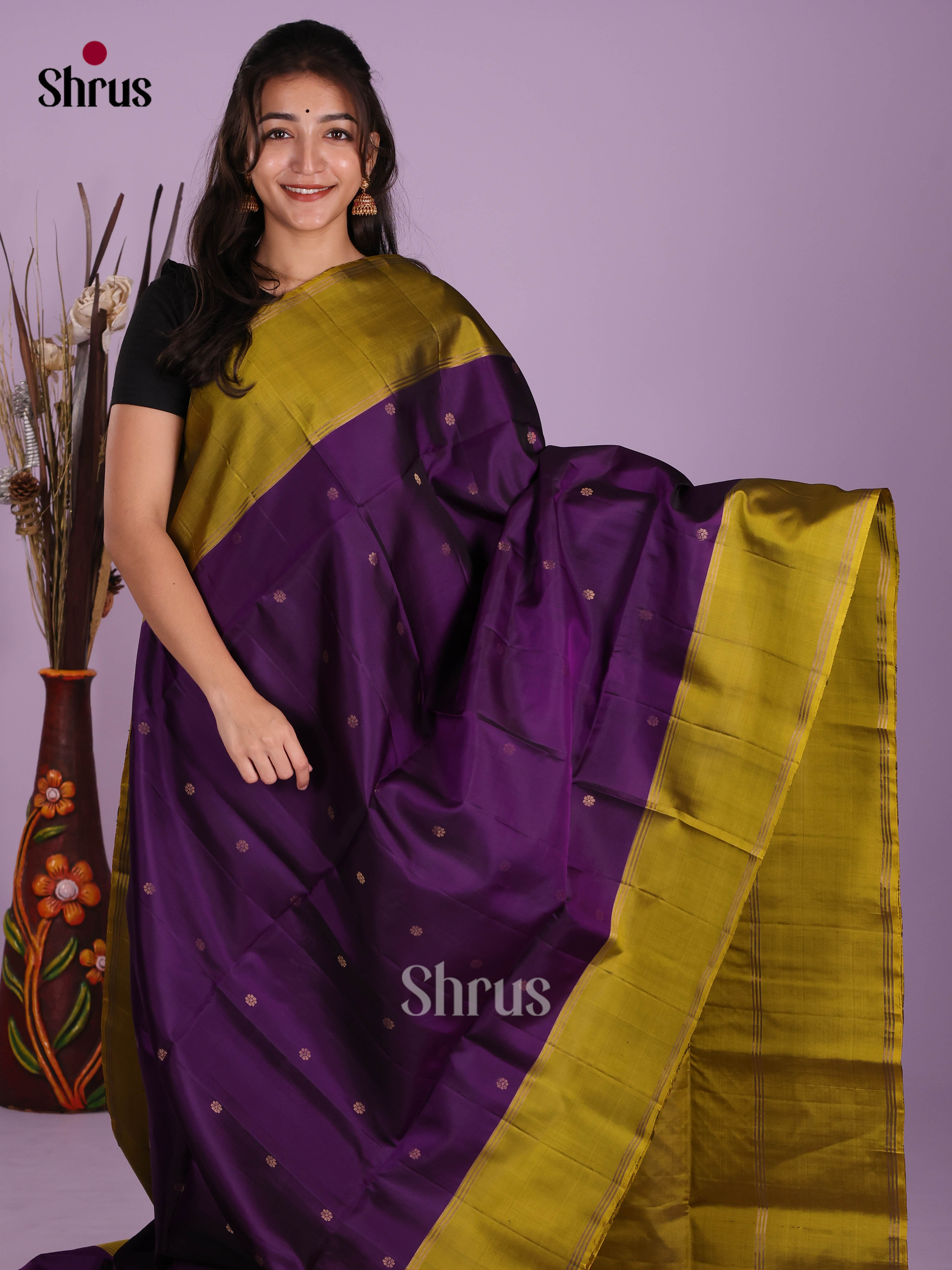 Buy Regal Purple Pure Soft Silk Saree with Golden Zari Buttas, Olive Green Border & Brocade Border
