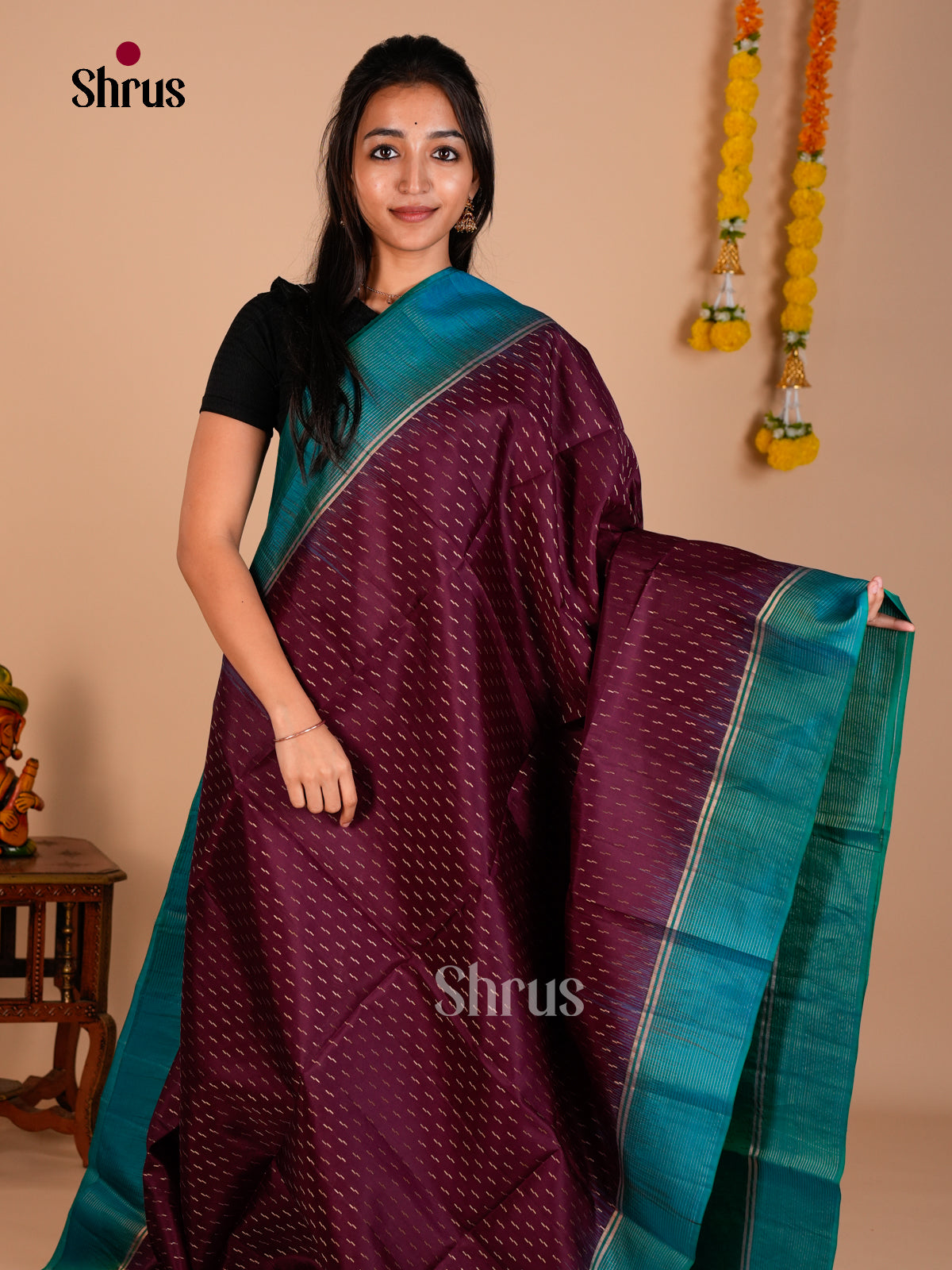 Buy Chic Purple Pure Soft Silk Saree with Stripes Butta, Teal Striped Border & Zari Brocade Pallu