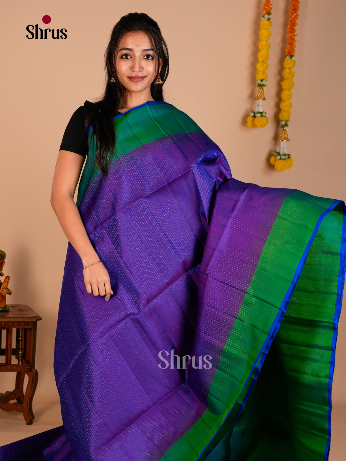 Buy Shimmery Purple Pure Soft Silk Saree with Zari Woven Pinstripes & Green Brocade Pallu