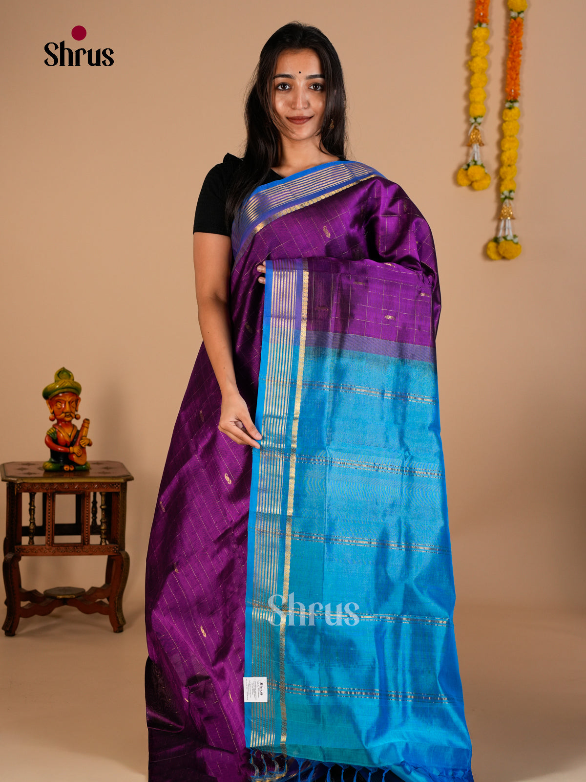 Buy Sheeny Purple Silk Cotton Saree With Gold Checks, Buttas, Sky Blue Zari Striped Border & Chit Pallu