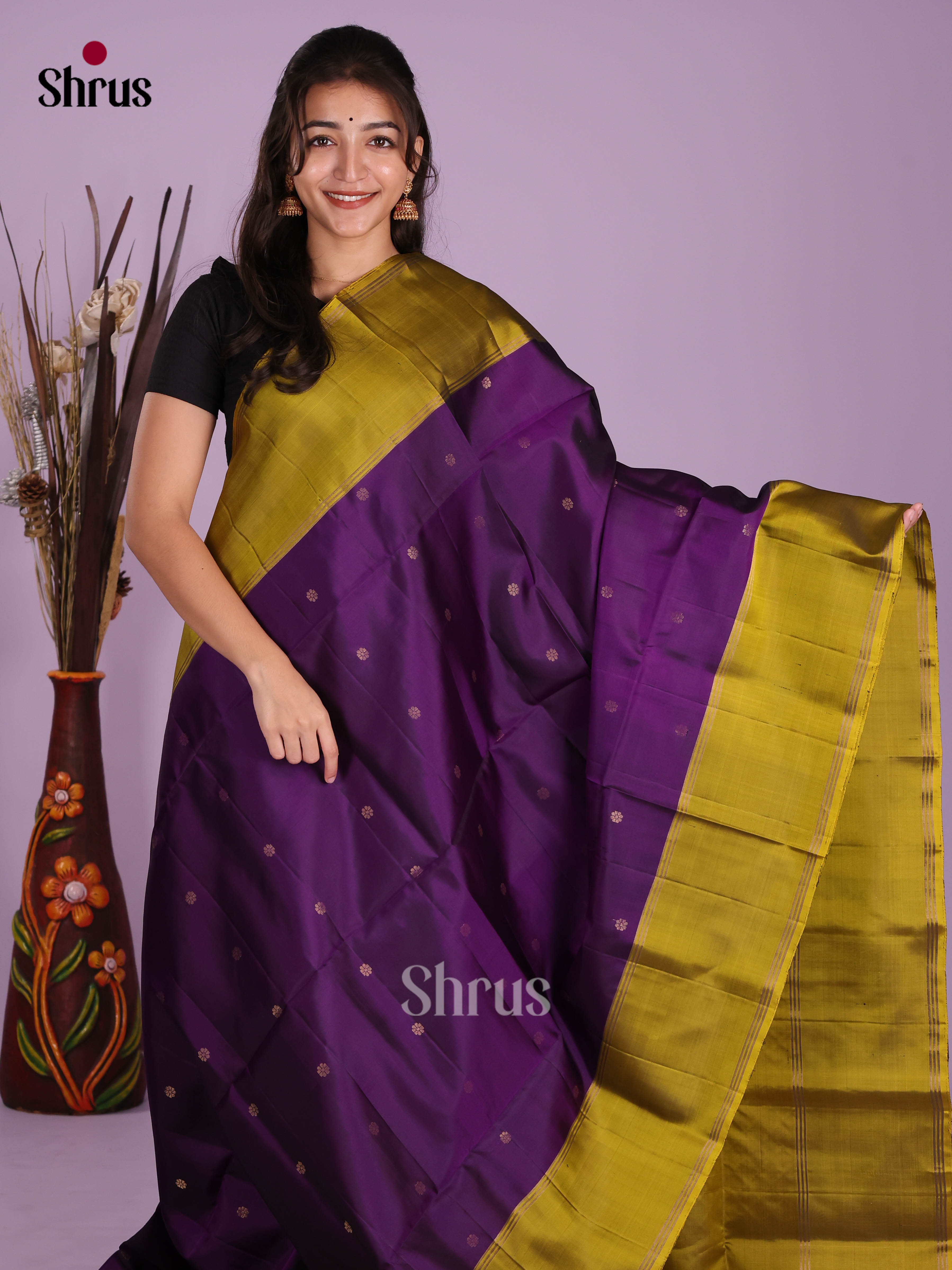 Buy Regal Purple Silk Saree With Golden Buttas, Olive Green Rettaipet Border & Brocade Pallu