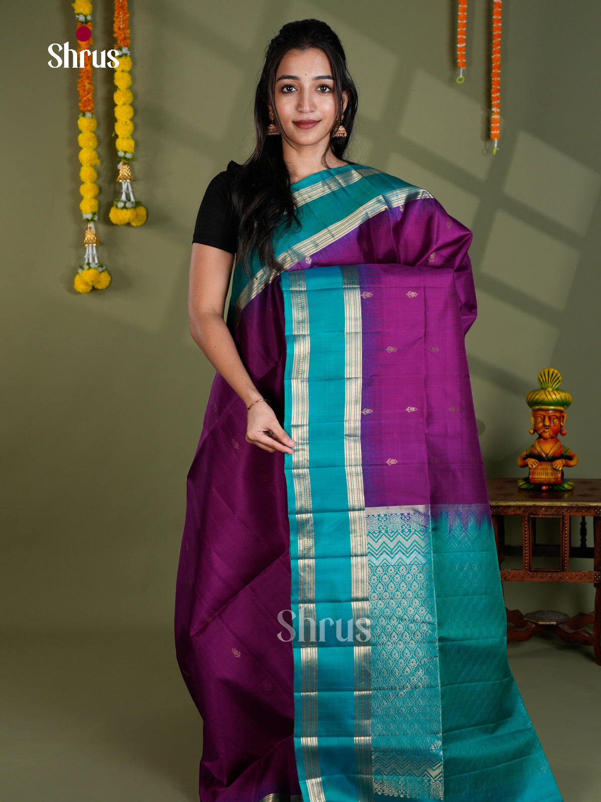 Buy Exquisite Purple Soft Silk Saree With Gold Buttas & Sky Blue Rettaipet Zari Border