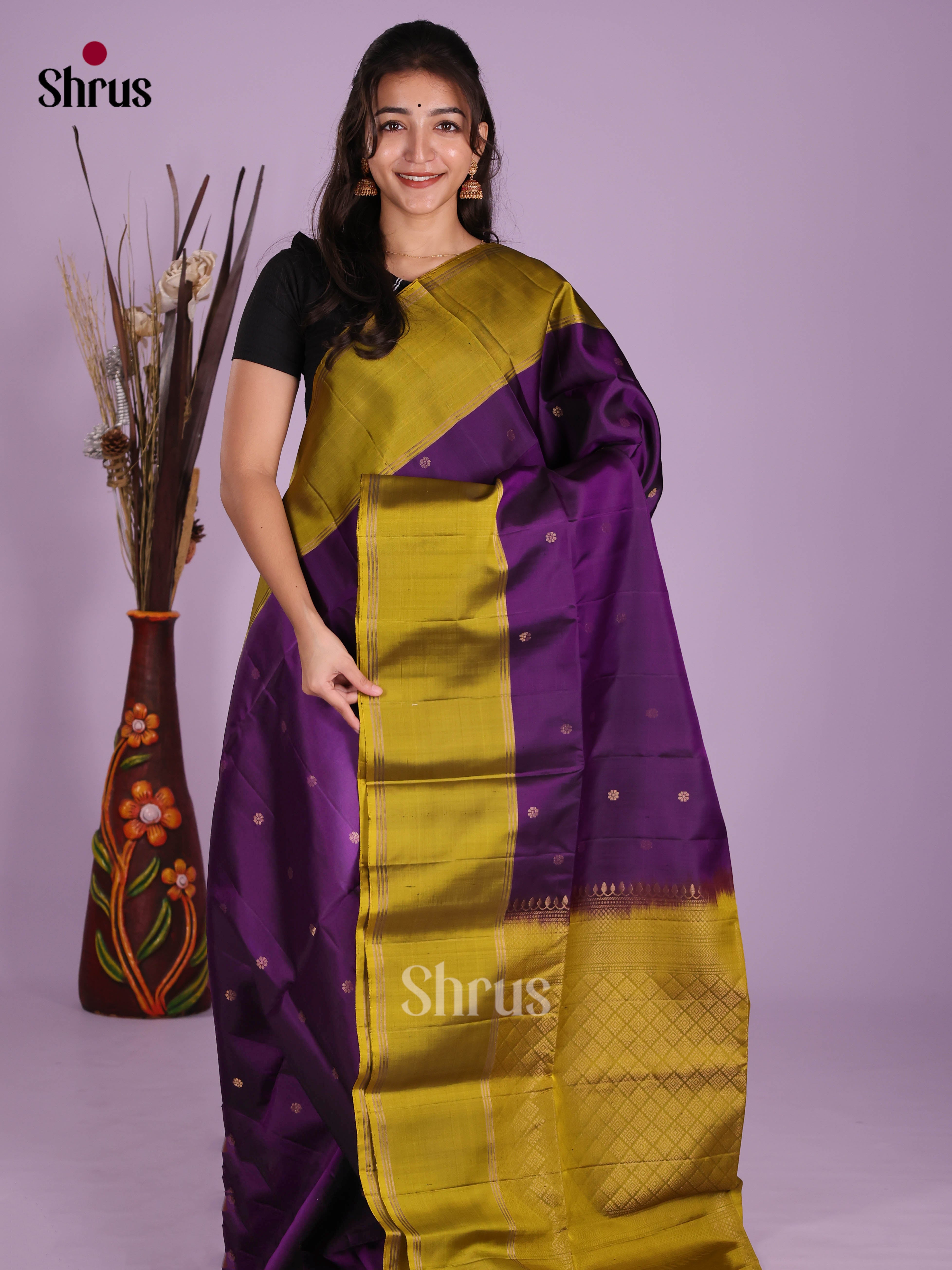 Buy Regal Purple Soft Silk Saree With Golden Buttas, Olive Green Rettaipet Border & Brocade Pallu