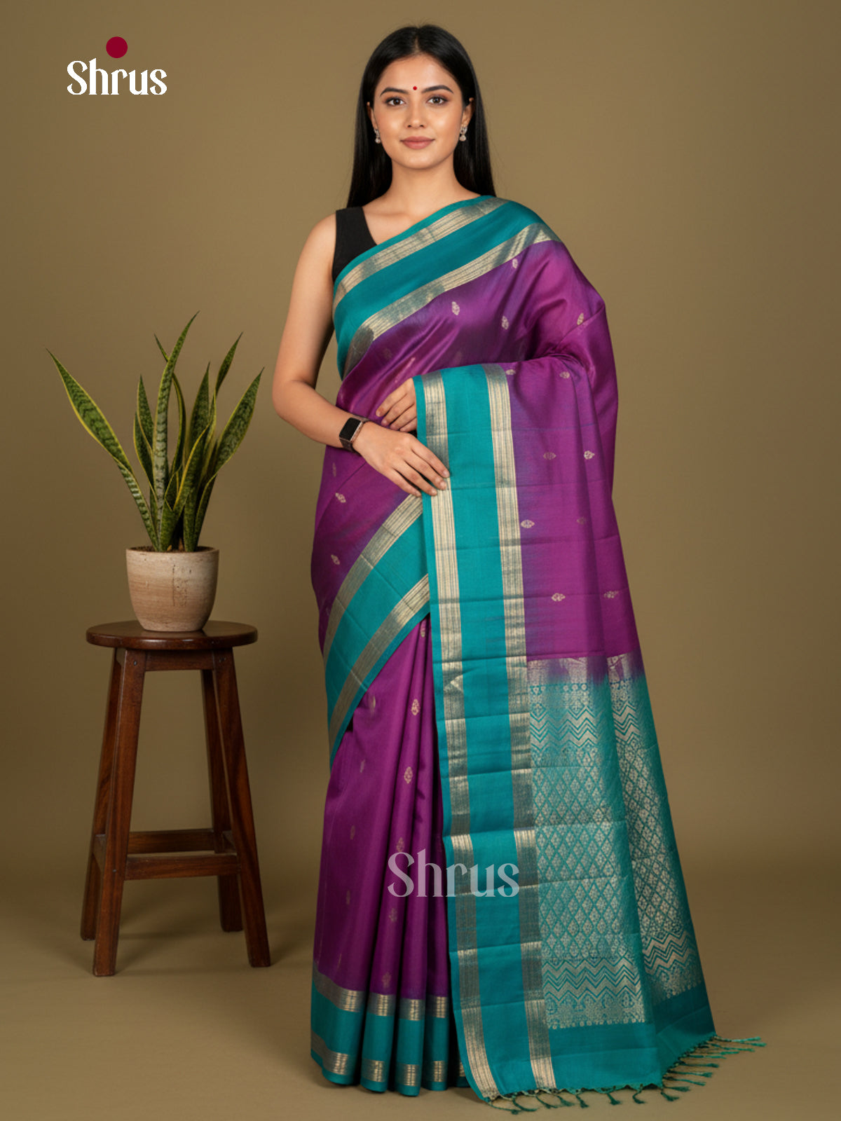Buy Regal Purple Soft Silk Saree with Gold Buttas, Teal Blue Rettaipet Border & Brocade Pallu
