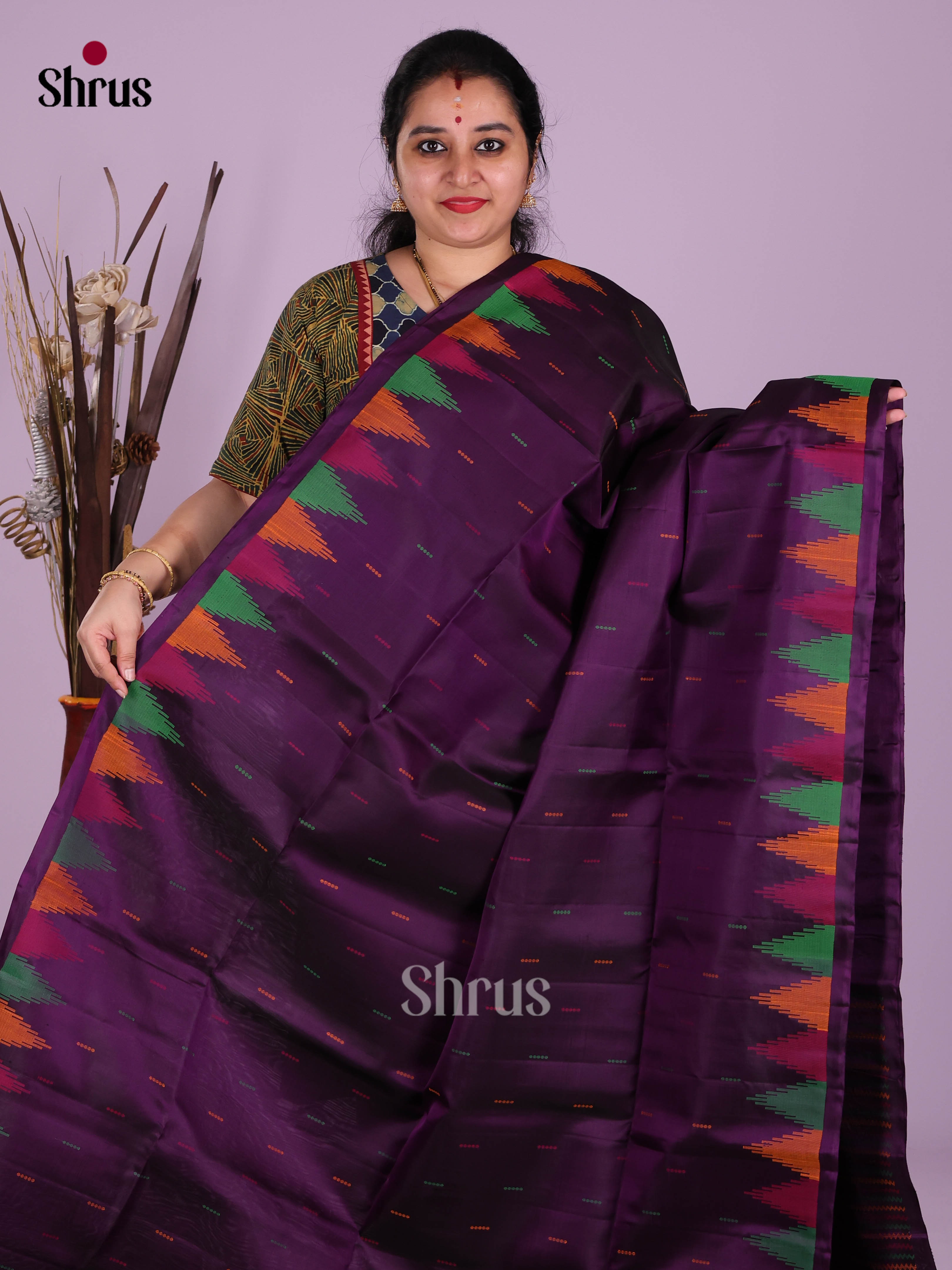 Buy Vibrant Purple Soft Silk Saree with Thread Work Buttas, Temple Motifs Border & Colorful Pallu