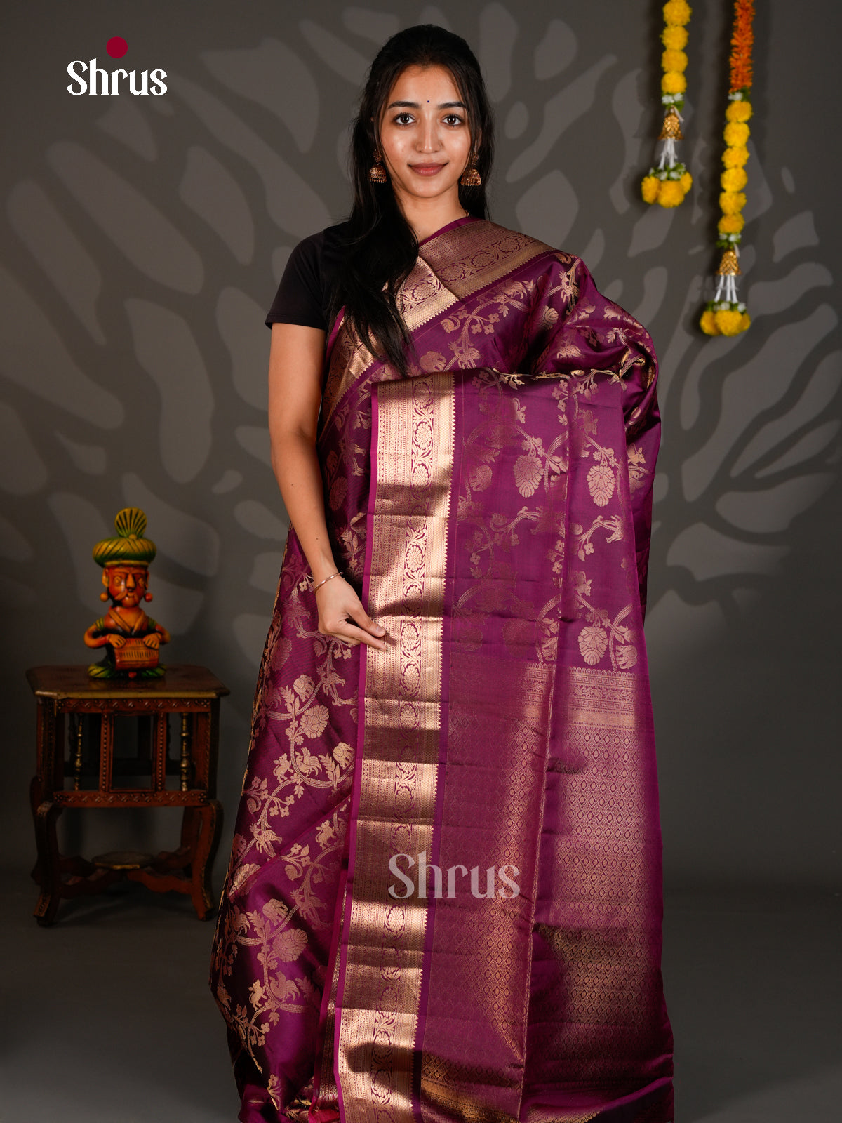 Buy Sheeny Purple Soft Silk Saree with Vanashigaram Style Floral Vines, Zari Border & Brocade Pallu