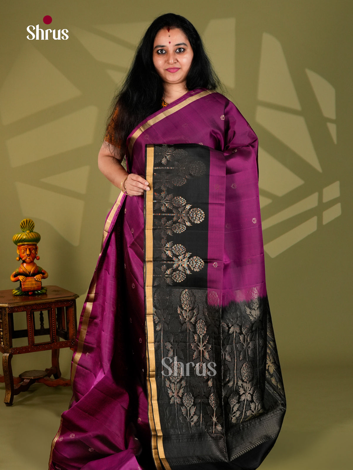 Buy Pretty Purple Soft Silk Saree with Zari Buttas, Black Border & Floral Brocade Pallu