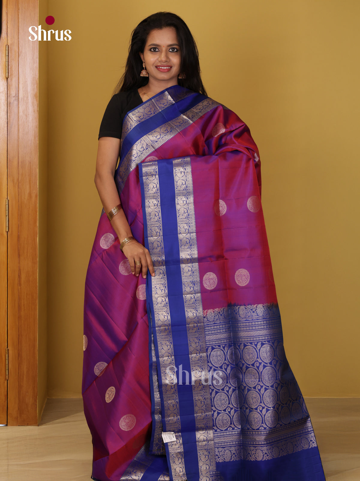 Buy Lustrous Purple Soft Silk Saree with Zari Circular Motifs & Blue Rettaipet Border