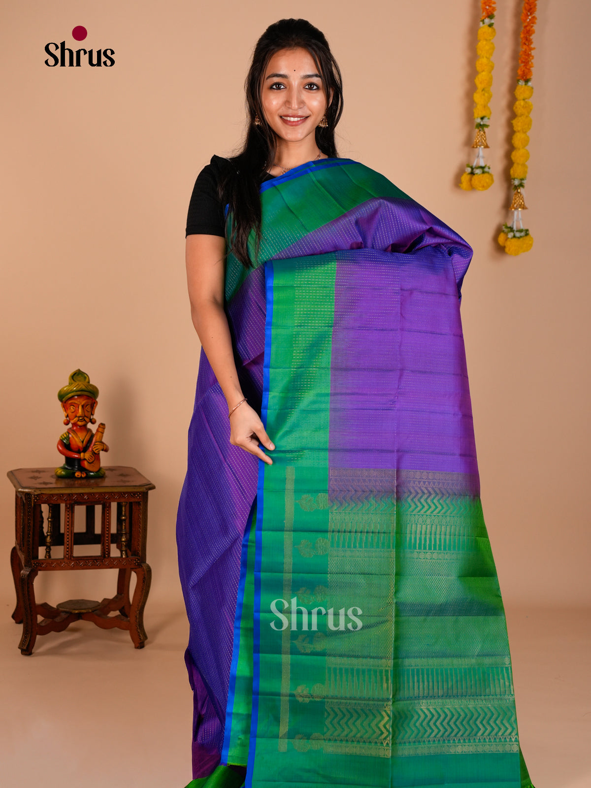 Buy Shimmery Purple Soft Silk Saree with Zari Woven Pinstripes & Green Brocade Pallu
