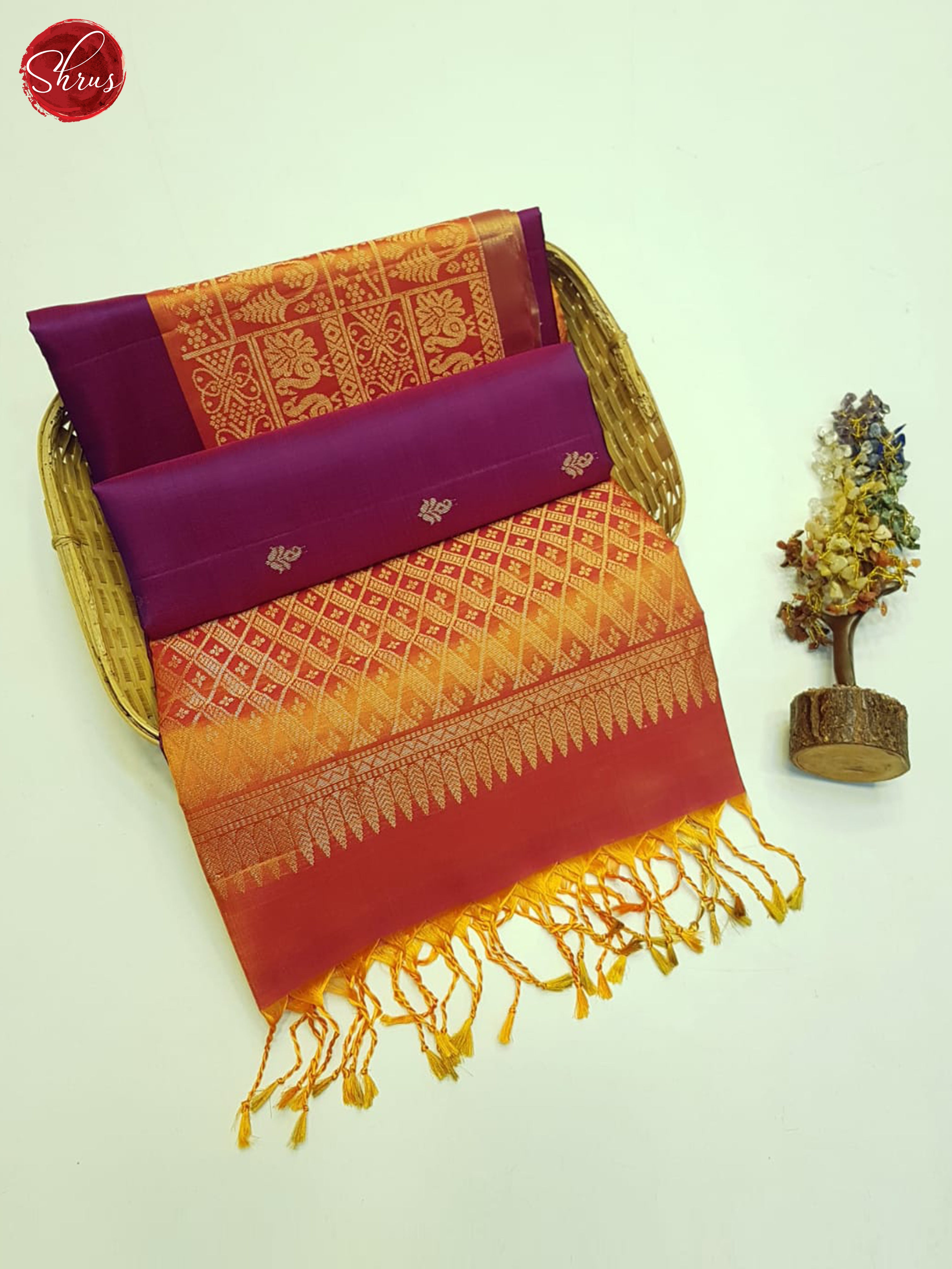 Stunning Purple Soft Silk Sarees With Small Buttas, Mustard Broad Zari Border & Brocade Pallu